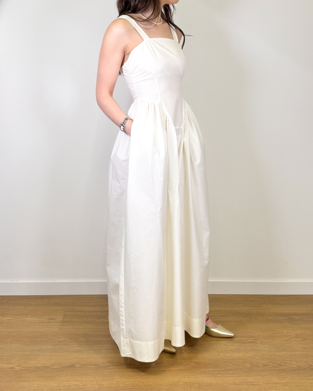 Abito Lungo in Puro Cotone con Corpetto - Bianco