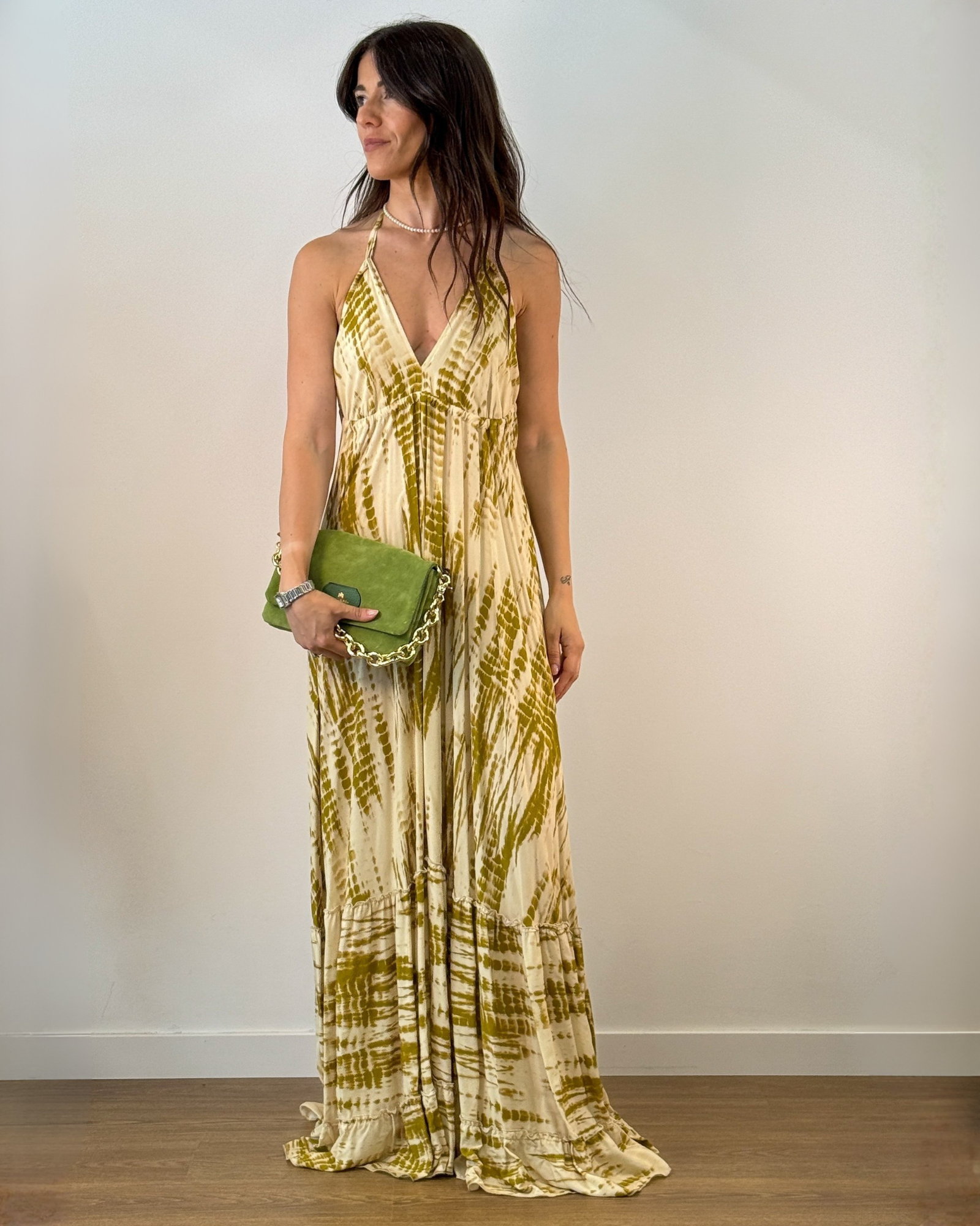 Abito Lungo Tie-Dye Scollo a V e Schiena Nuda - Verde Olio