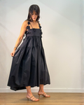Abito Lungo in Cotone con Fiori Applicati e Gonna a Balze - Nero | MEIMEIJ