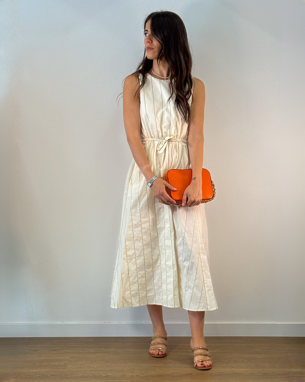 Abito Midi in Cotone con Righe Lurex Oro e Cintura - Panna | ISABELLE BLANCHE