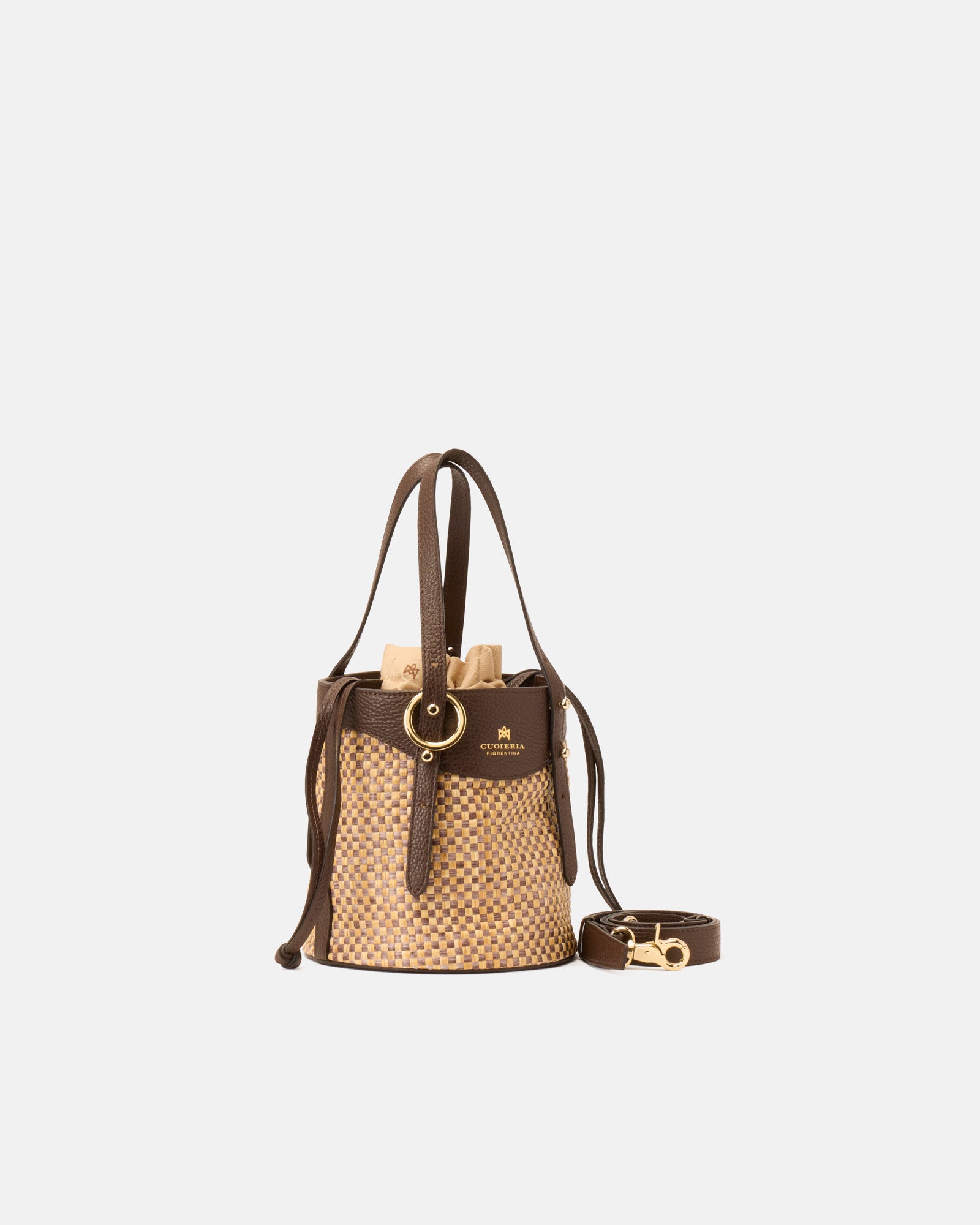 Secchiello Amber in Rafia e Pelle - Cioccolato - Gold Boutique