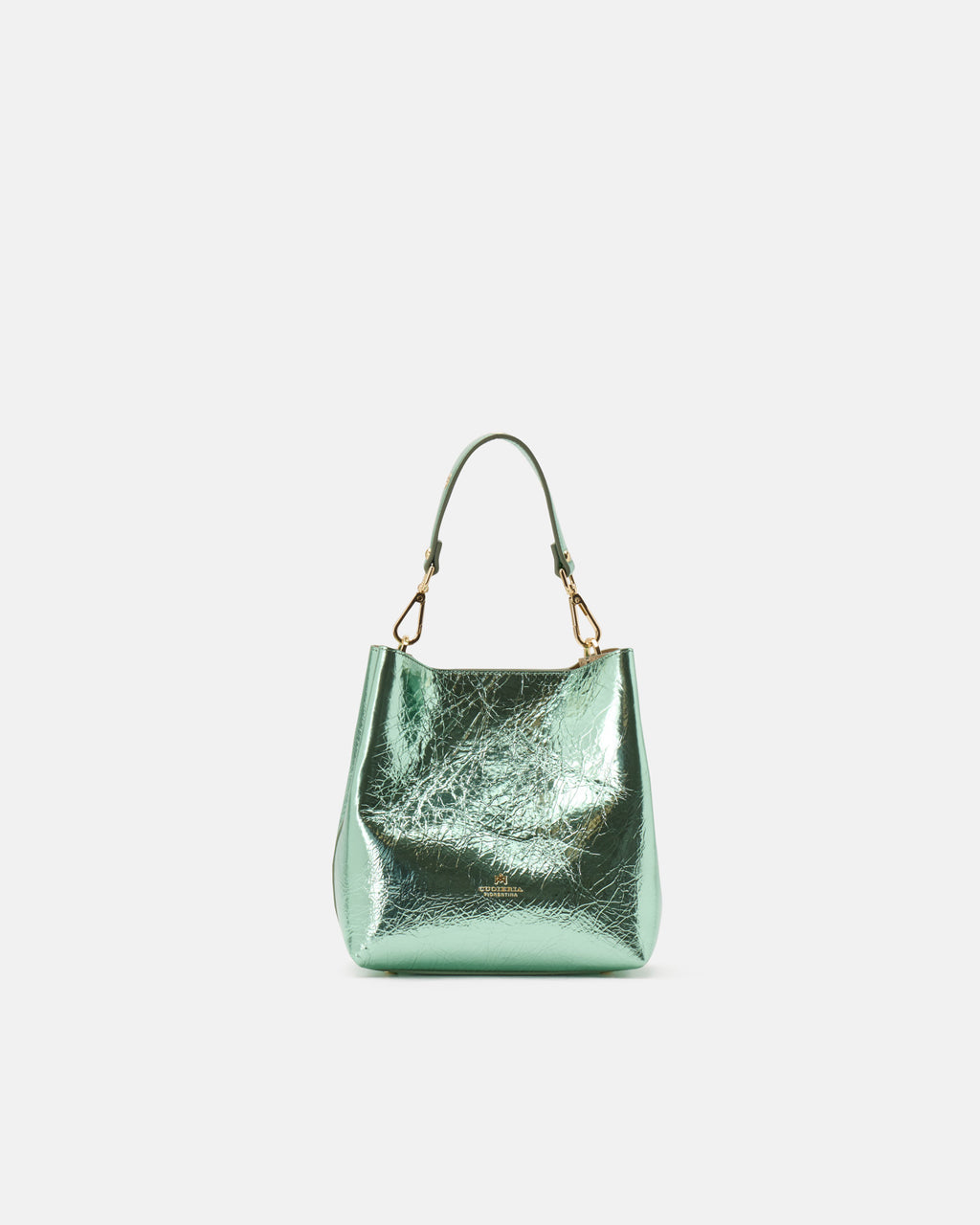Borsa Small Bucket Metal in Pelle Laminata - Aloe - Gold Boutique