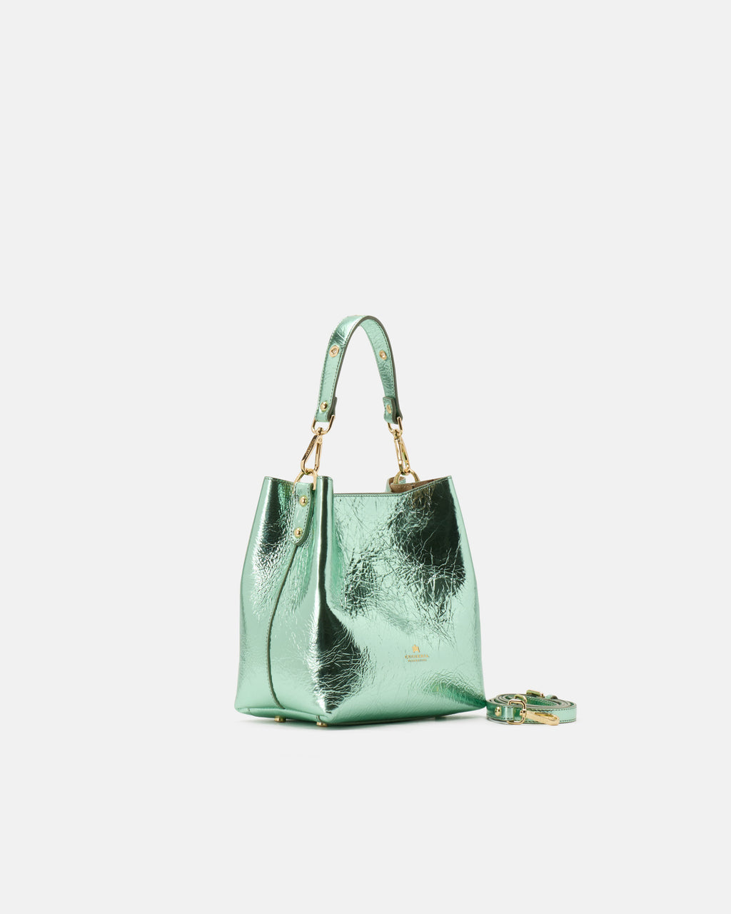 Borsa Small Bucket Metal in Pelle Laminata - Aloe - Gold Boutique