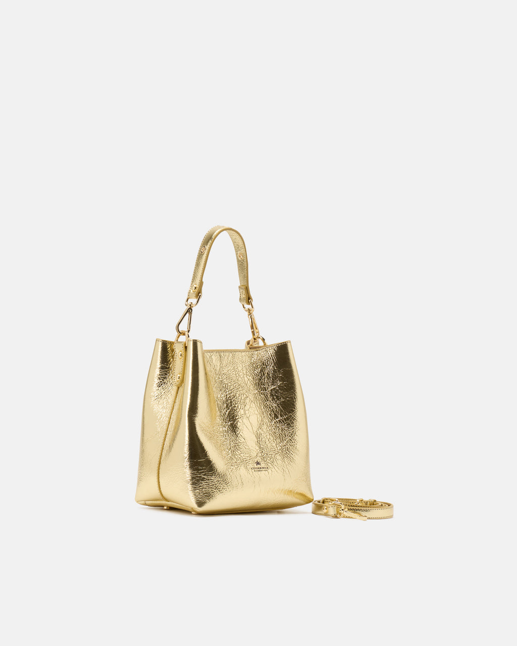 Borsa Small Bucket Metal in Pelle Laminata - Soleil - Gold Boutique
