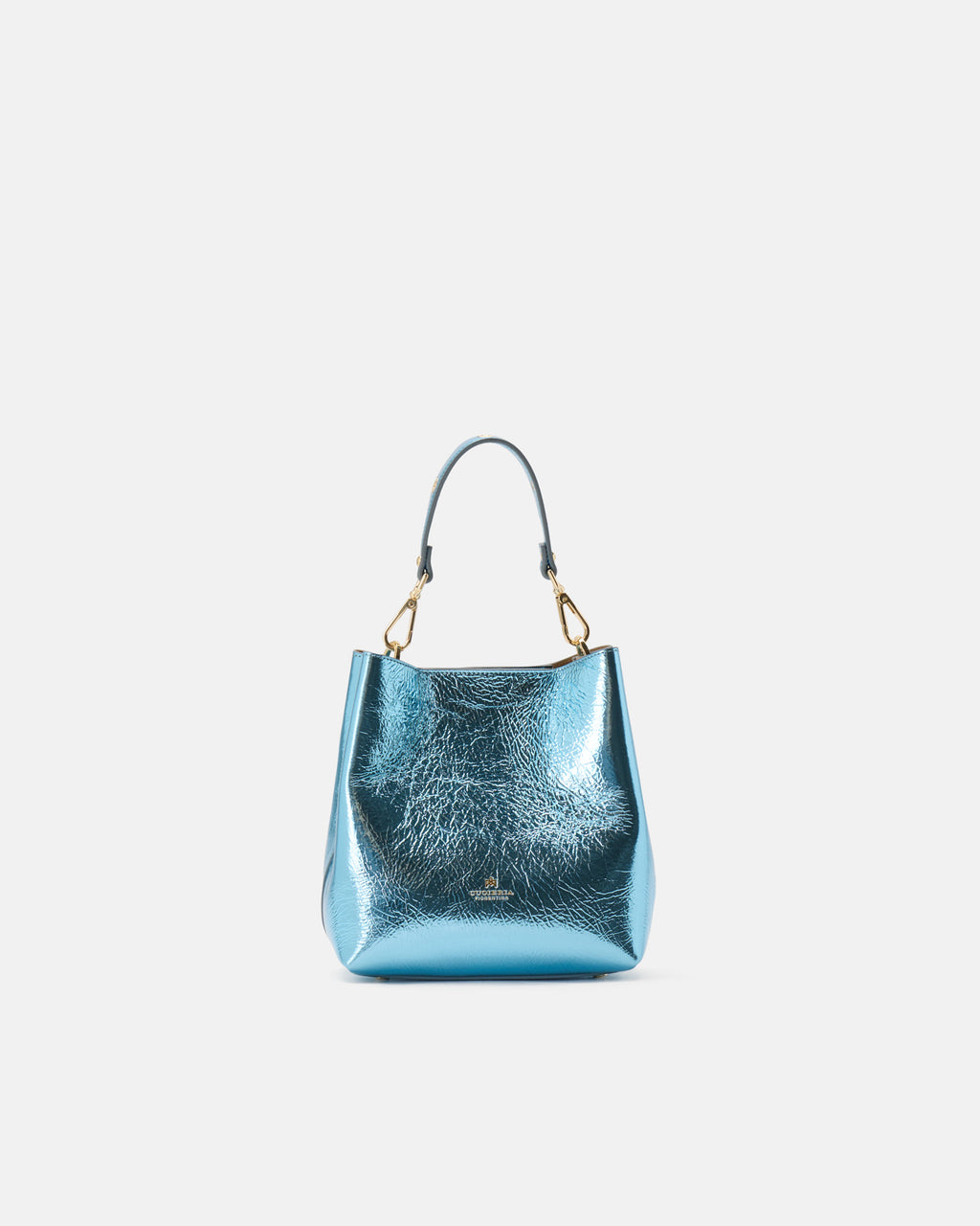 Borsa Small Bucket Metal in Pelle Laminata - Turchese - Gold Boutique