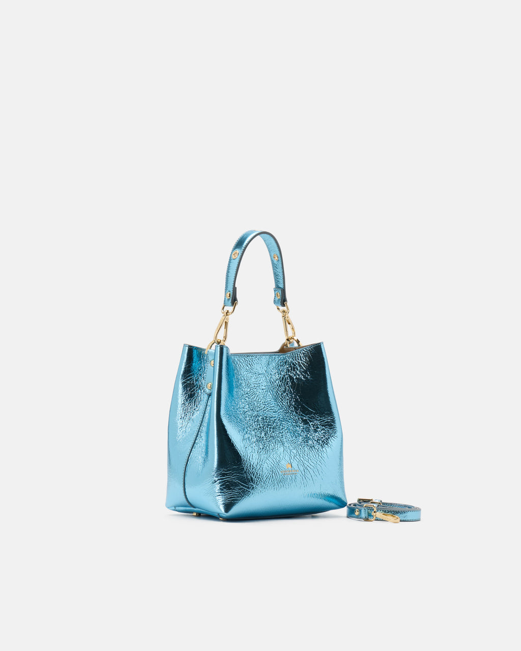 Borsa Small Bucket Metal in Pelle Laminata - Turchese - Gold Boutique