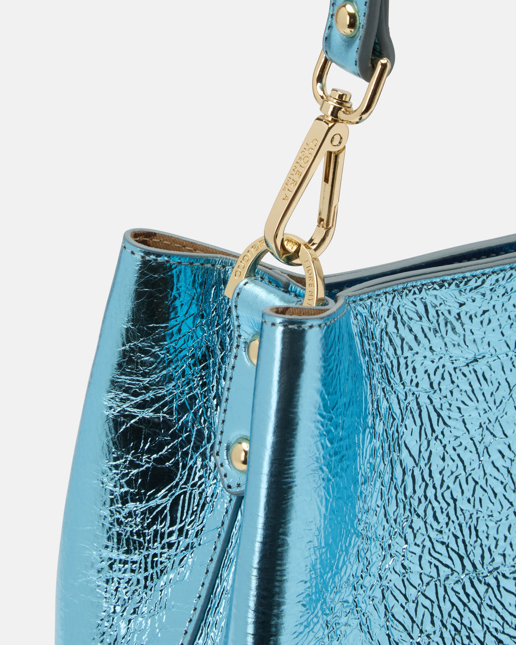 Borsa Small Bucket Metal in Pelle Laminata - Turchese - Gold Boutique