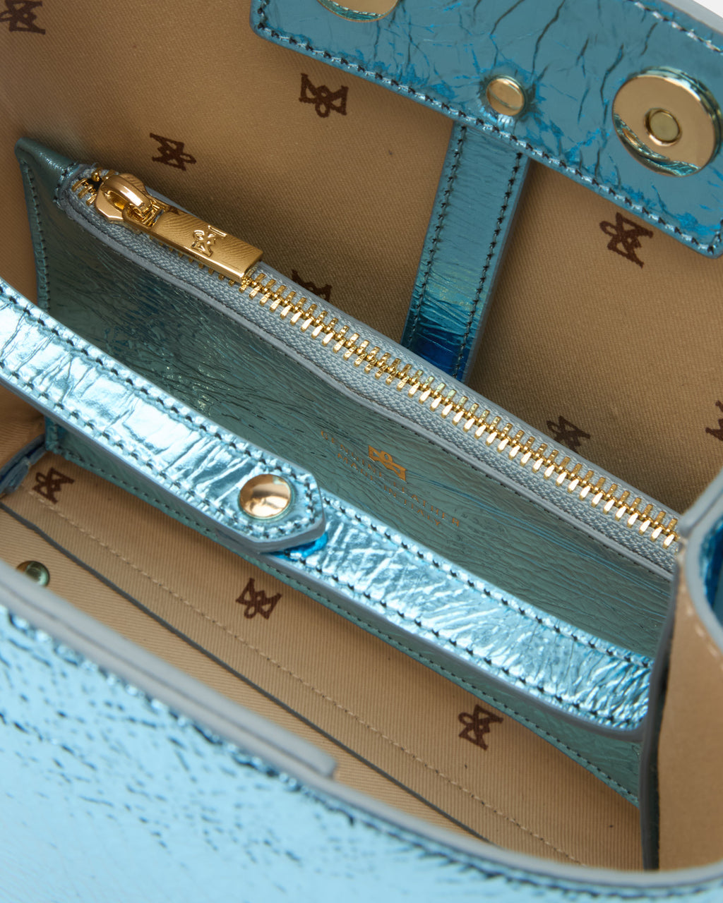 Borsa Small Bucket Metal in Pelle Laminata - Turchese - Gold Boutique