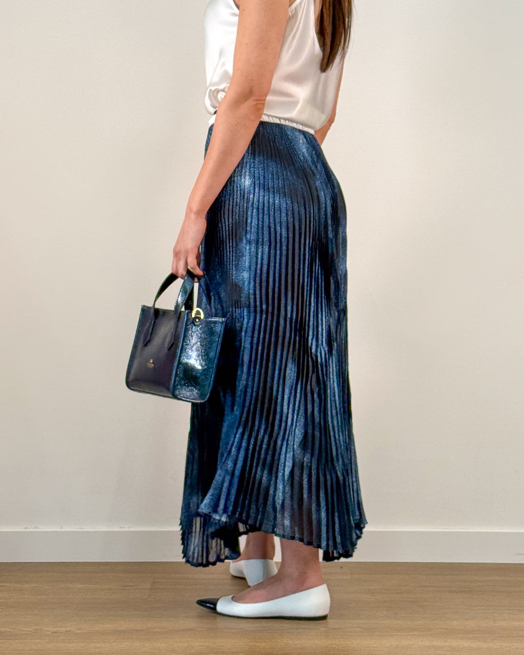 Gonna Midi Plissettata con Stampa Blu Navy | MEIMEIJ