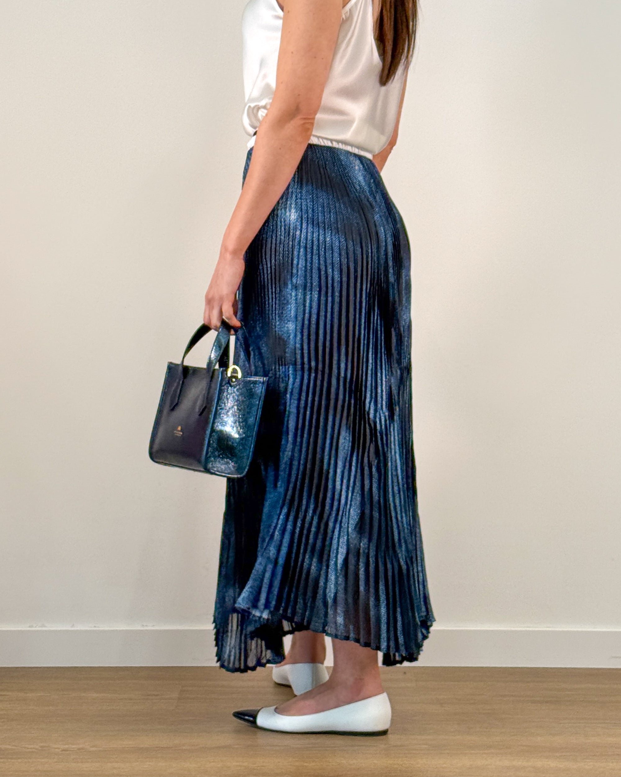 Gonna Midi Plissettata con Stampa Blu Navy | MEIMEIJ