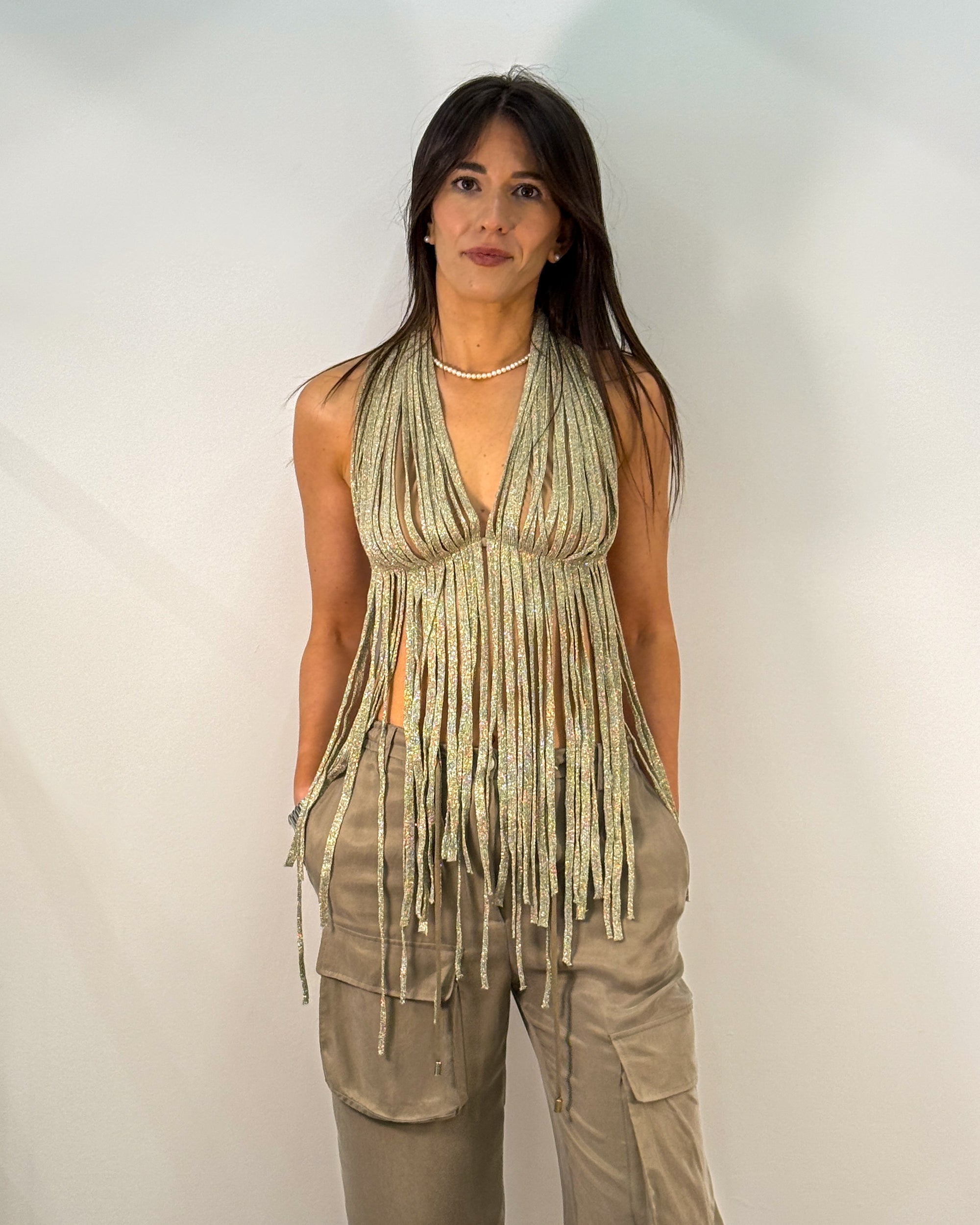 Top Halter con Frange Lurex - Oro Champagne | RAME