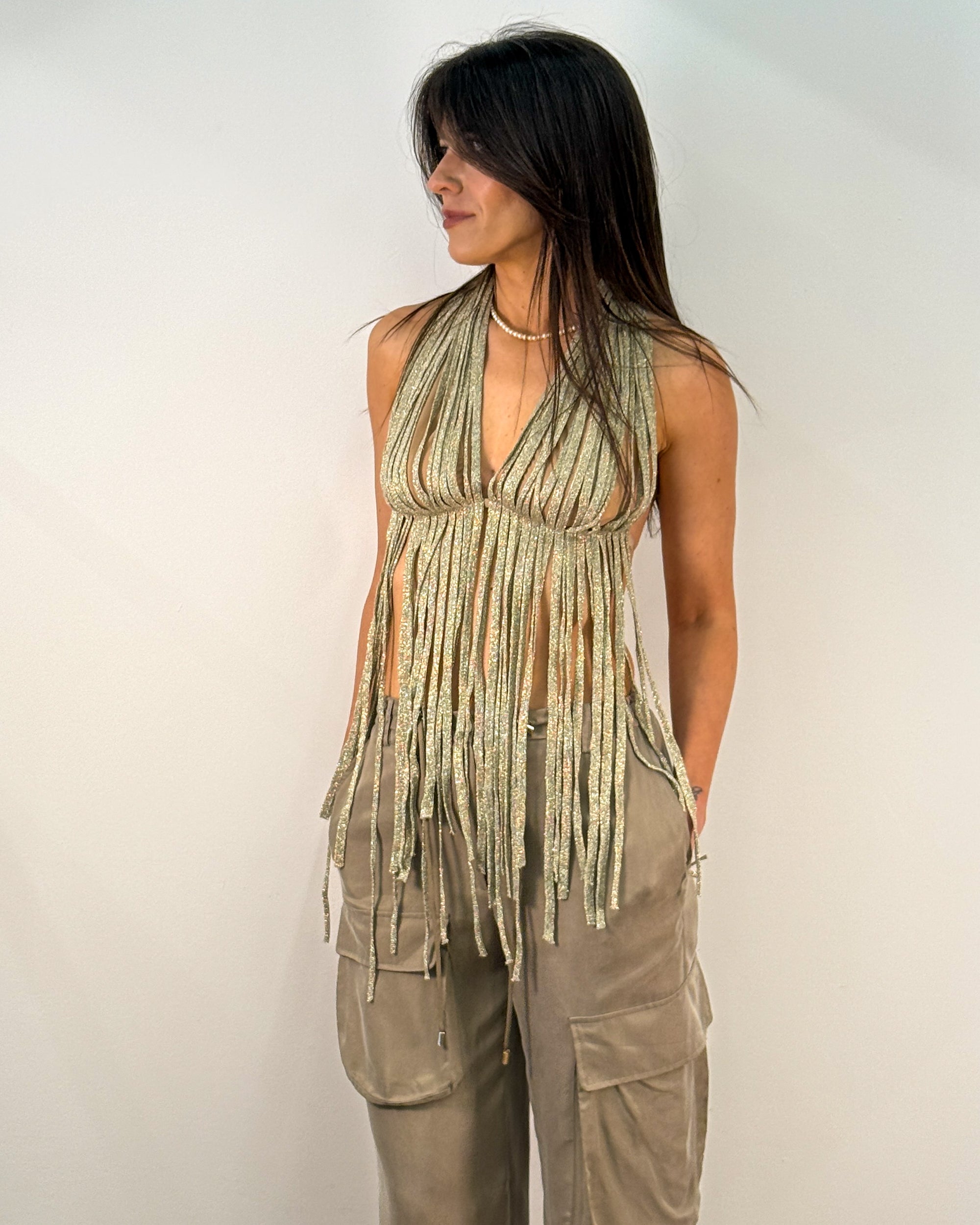 Top Halter con Frange Lurex - Oro Champagne | RAME