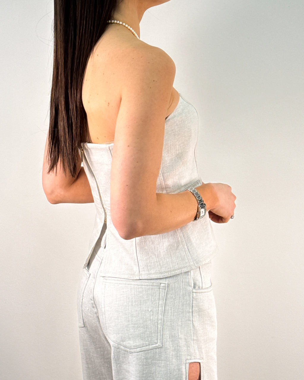 Top Corsetto Strapless con Scollo a Cuore e Peplo - Grigio Ghiaccio | RAME