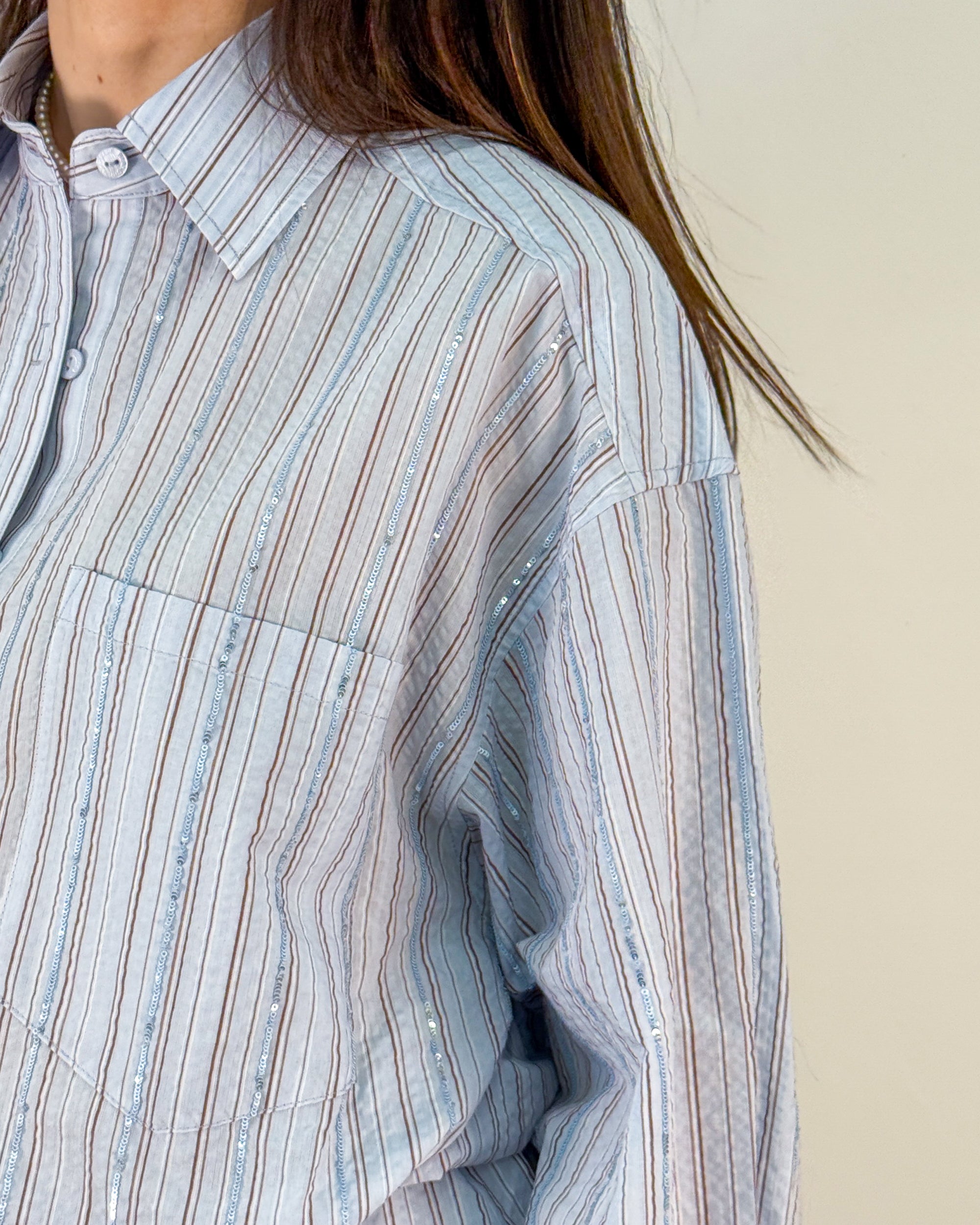Abito Chemisier a Righe con Paillettes e Cintura - Azzurro | ISABELLE BLANCHE PARIS