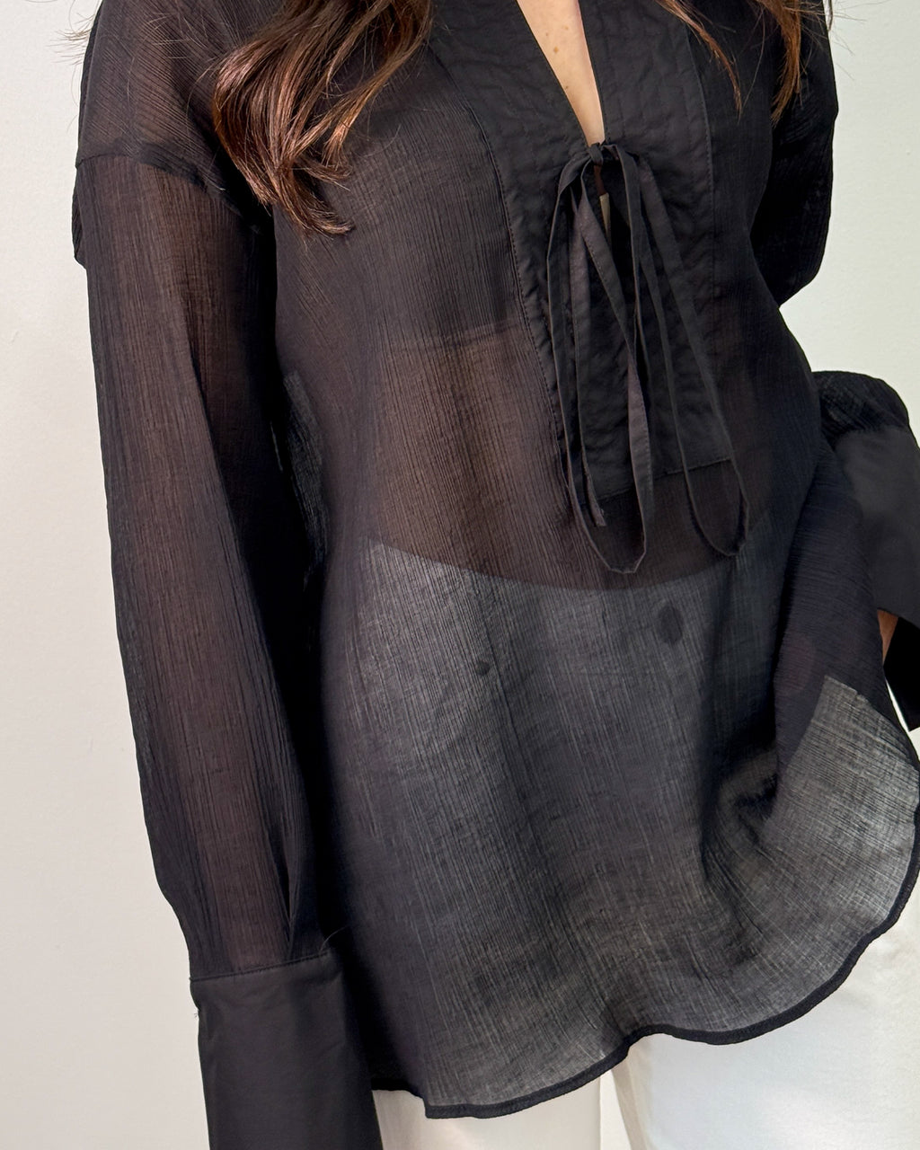 Camicia in Lyocell Semi-Trasparente con Laccetto - Nero | RAME