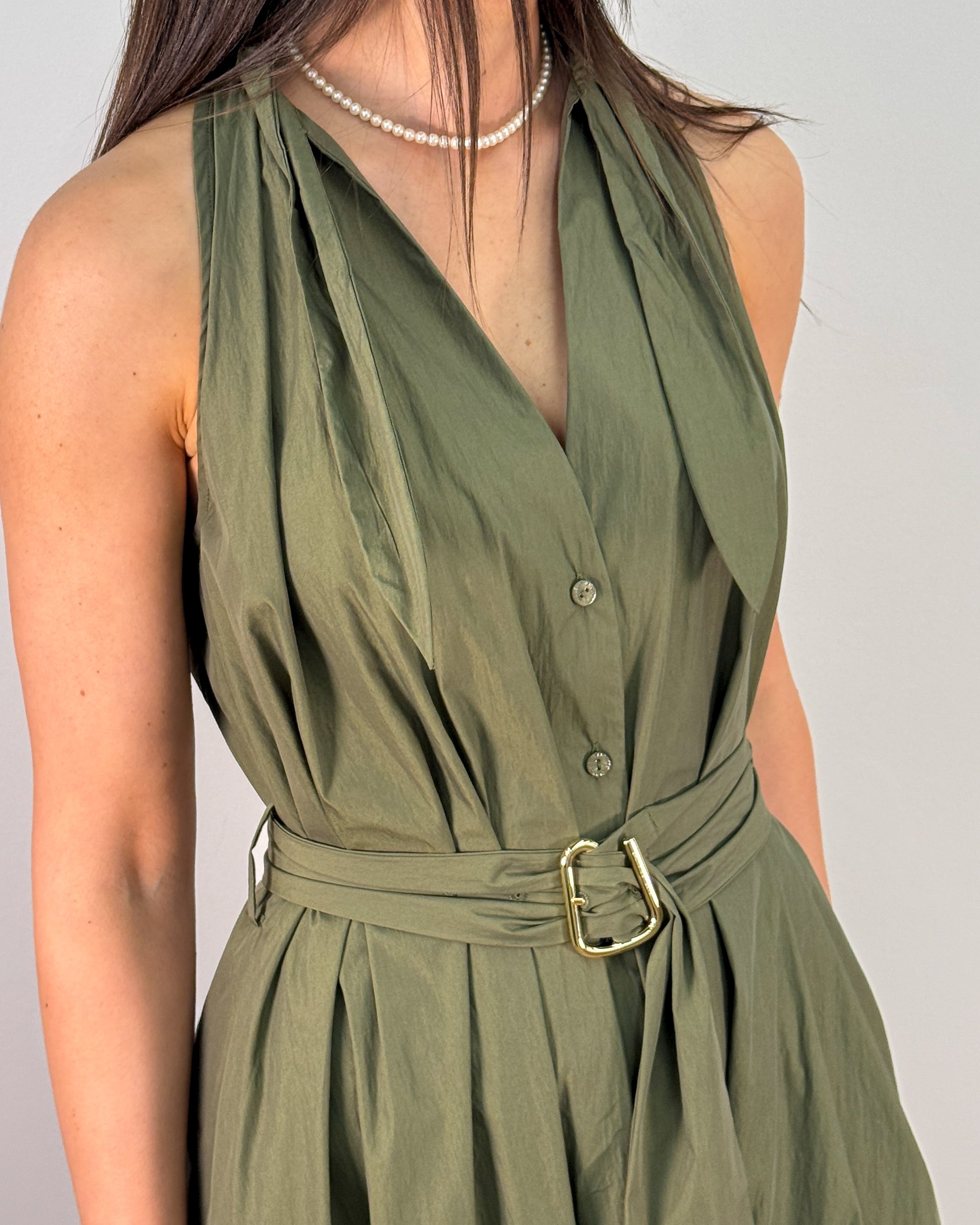 Abito con Colletto a Foulard e Cintura con Fibbia - Verde Militare | ISABELLE BLANCHE PARIS
