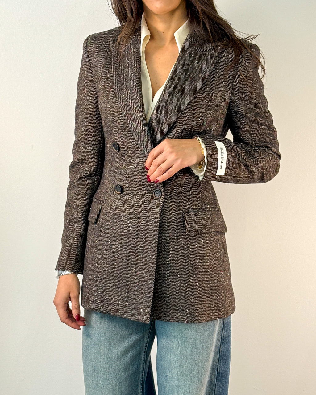 Blazer Doppiopetto Spina di Pesce in Misto Lana - Marrone