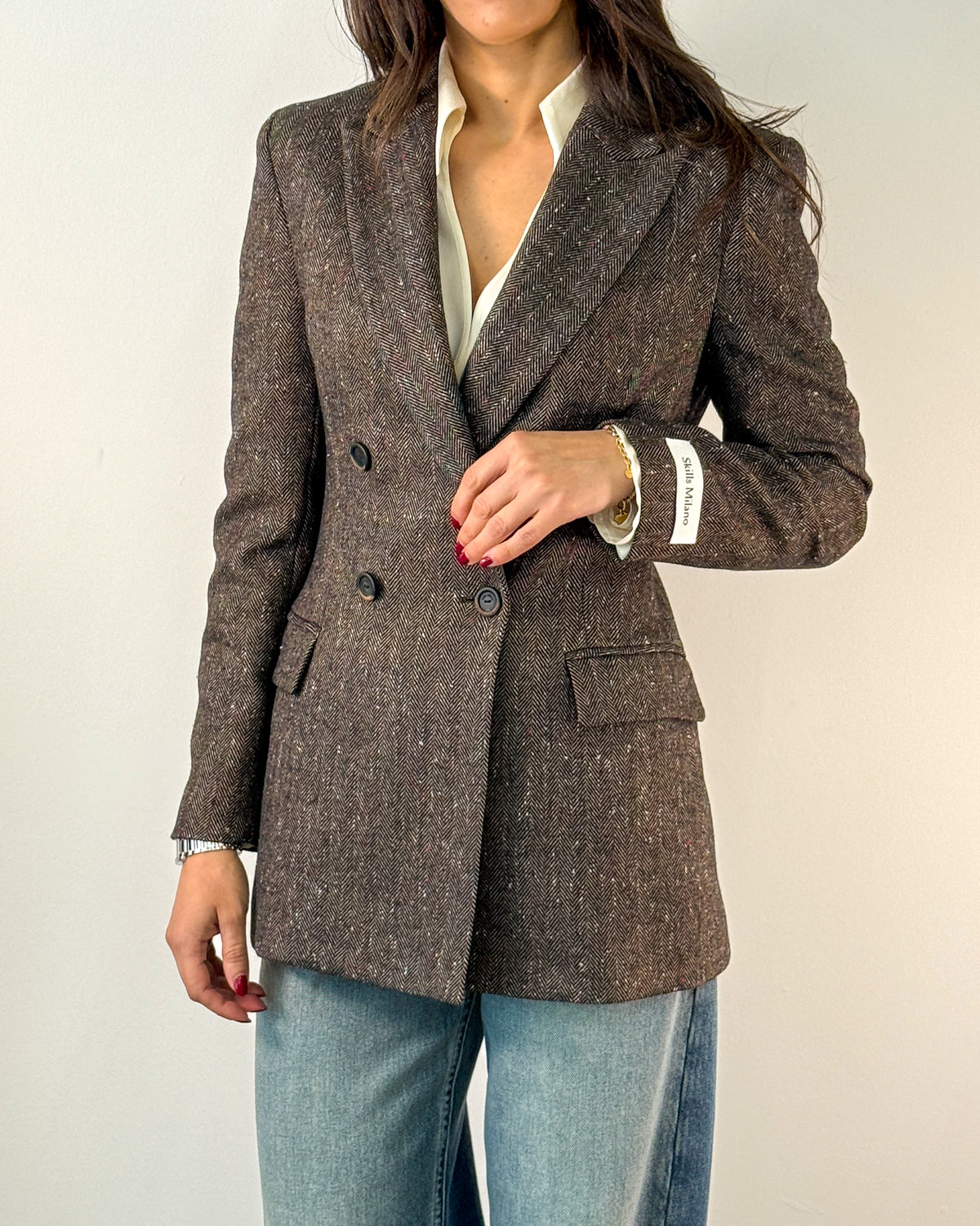 Blazer Doppiopetto Spina di Pesce in Misto Lana - Marrone