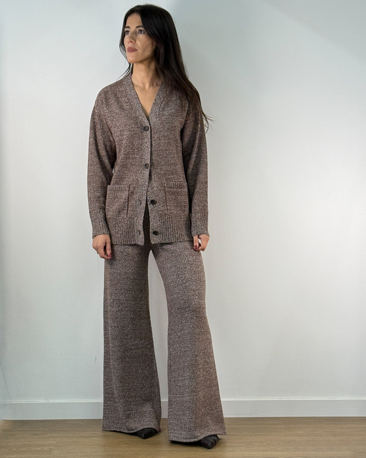 Pantalone in Pura Lana Merino a Vita Alta - Marrone Melange