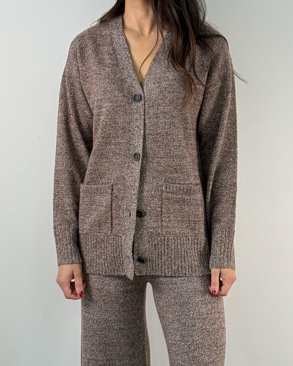 Cardigan in Pura Lana Merino con Tasche Applicate - Marrone Melange