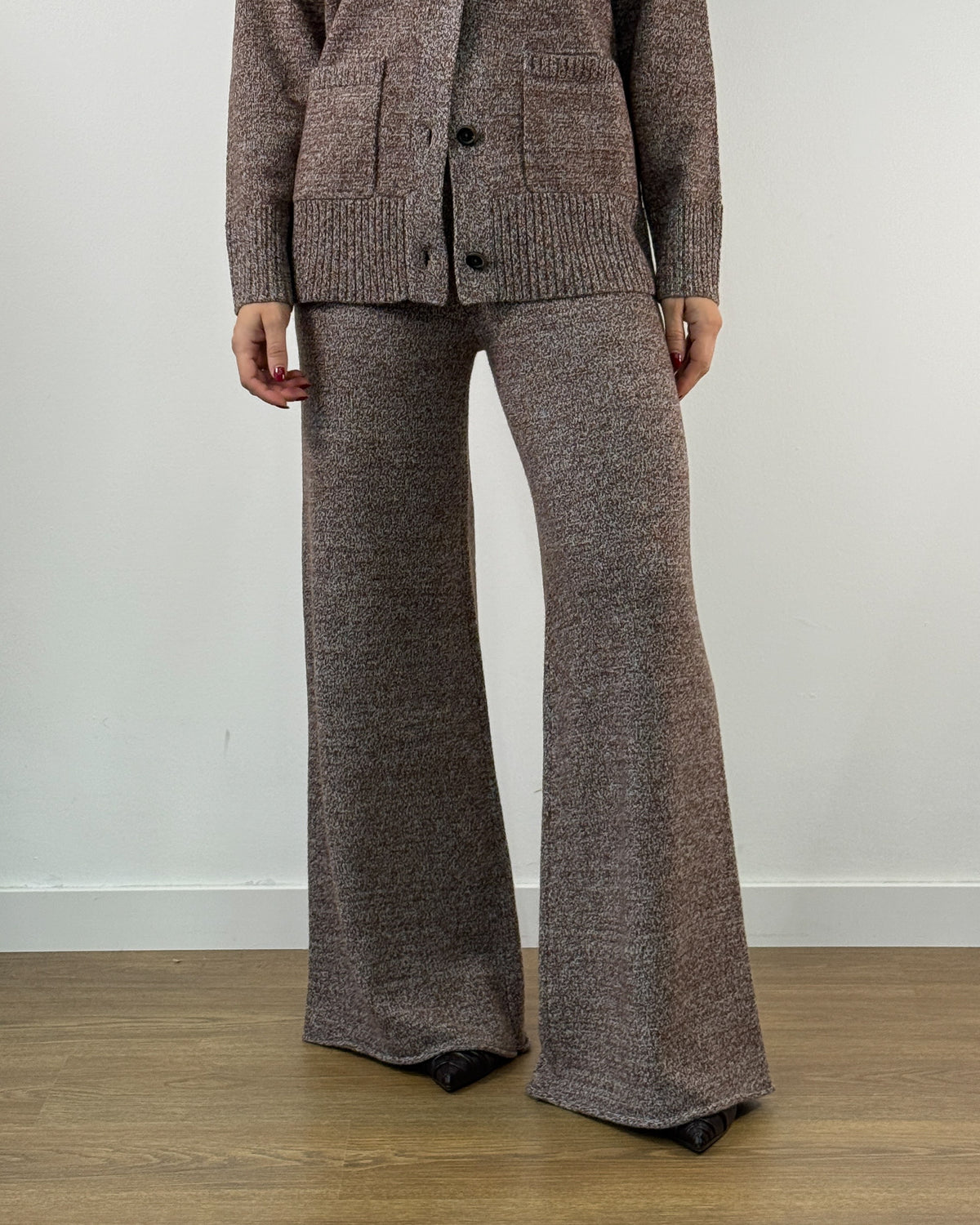 Pantalone in Pura Lana Merino a Vita Alta - Marrone Melange