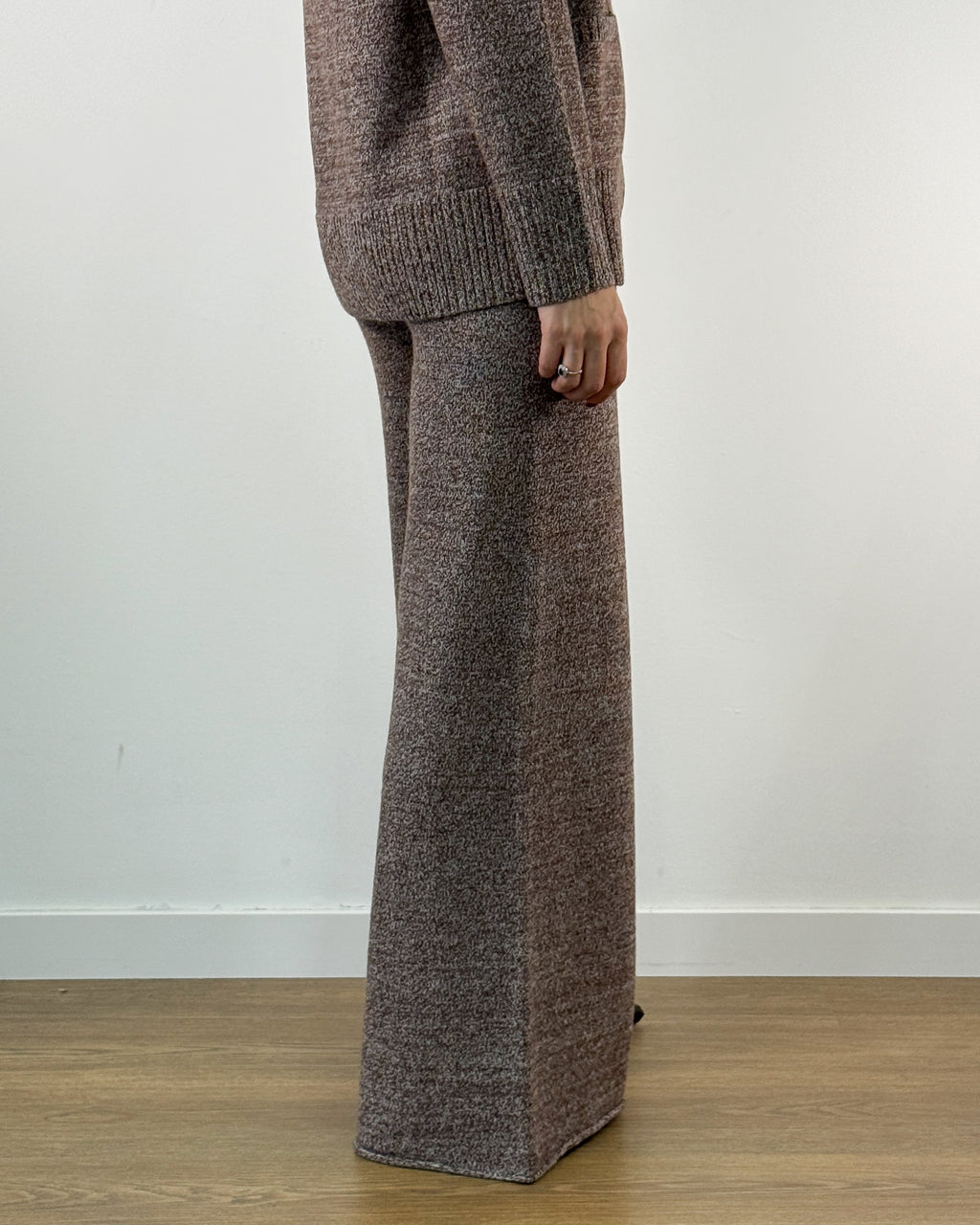 Pantalone in Pura Lana Merino a Vita Alta - Marrone Melange