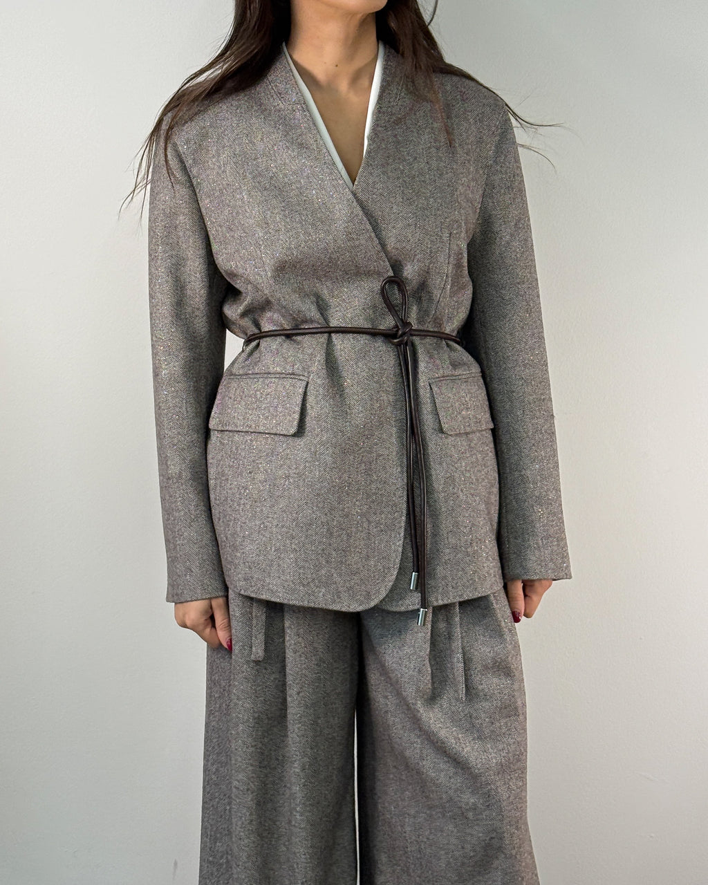 Giacca in tessuto resca di lana Senza Collo con Cintura - Marrone Dark Earth