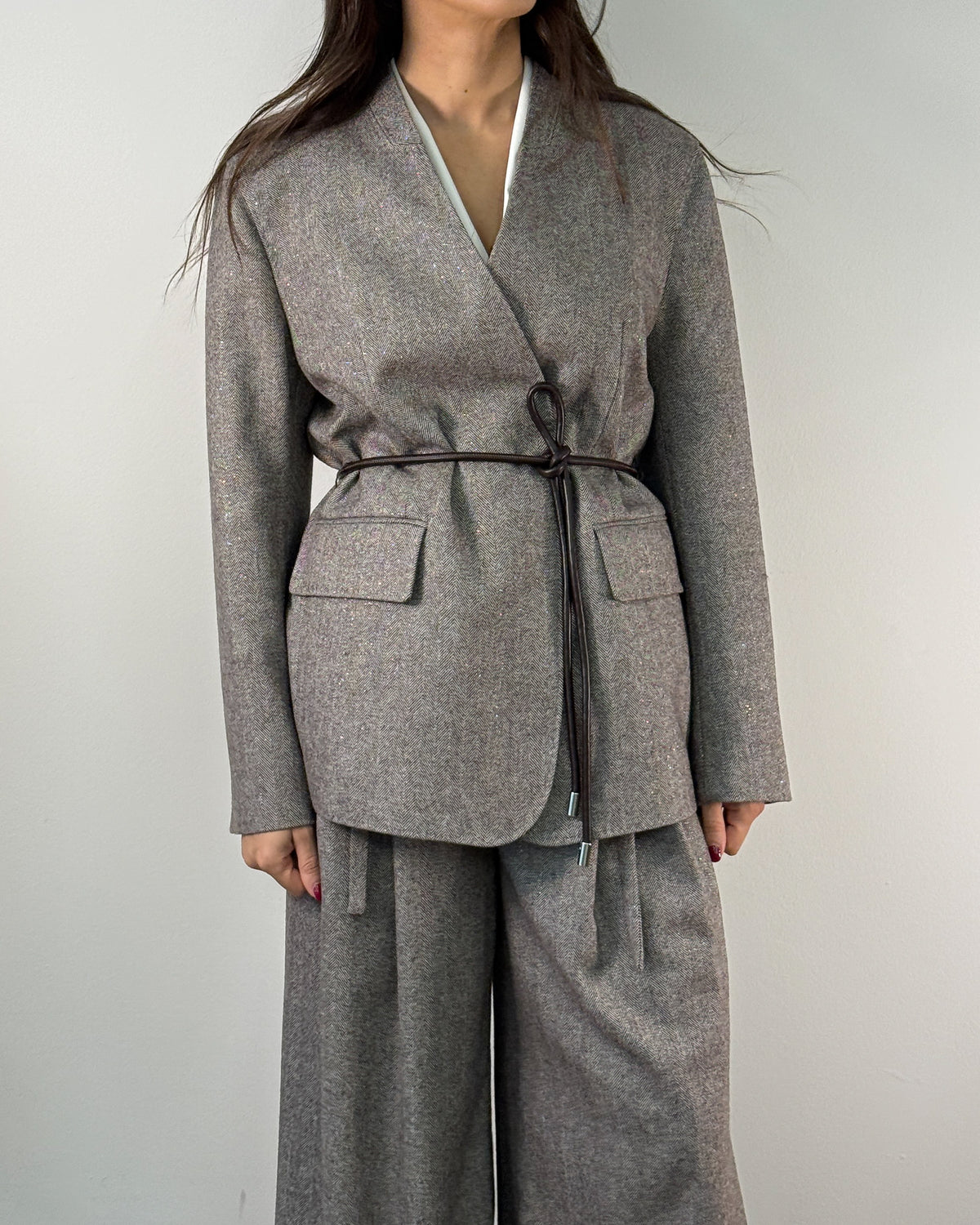 Giacca in tessuto resca di lana Senza Collo con Cintura - Marrone Dark Earth