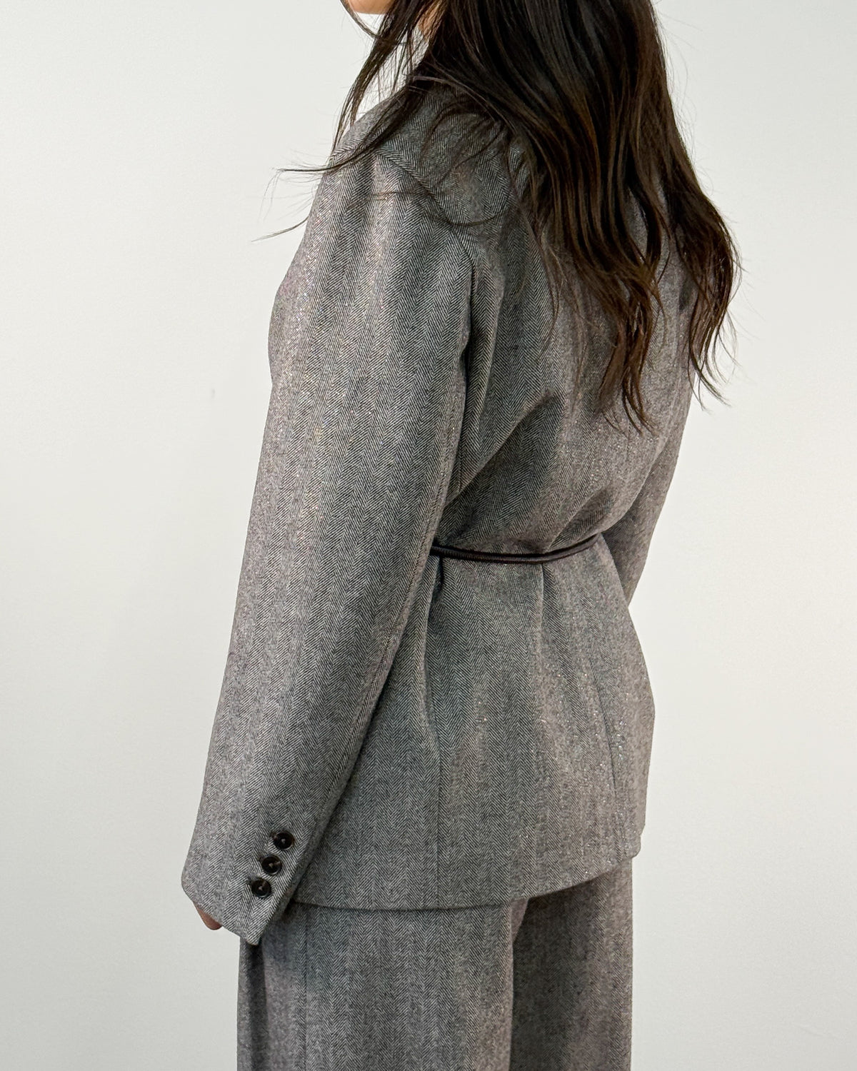 Giacca in tessuto resca di lana Senza Collo con Cintura - Marrone Dark Earth