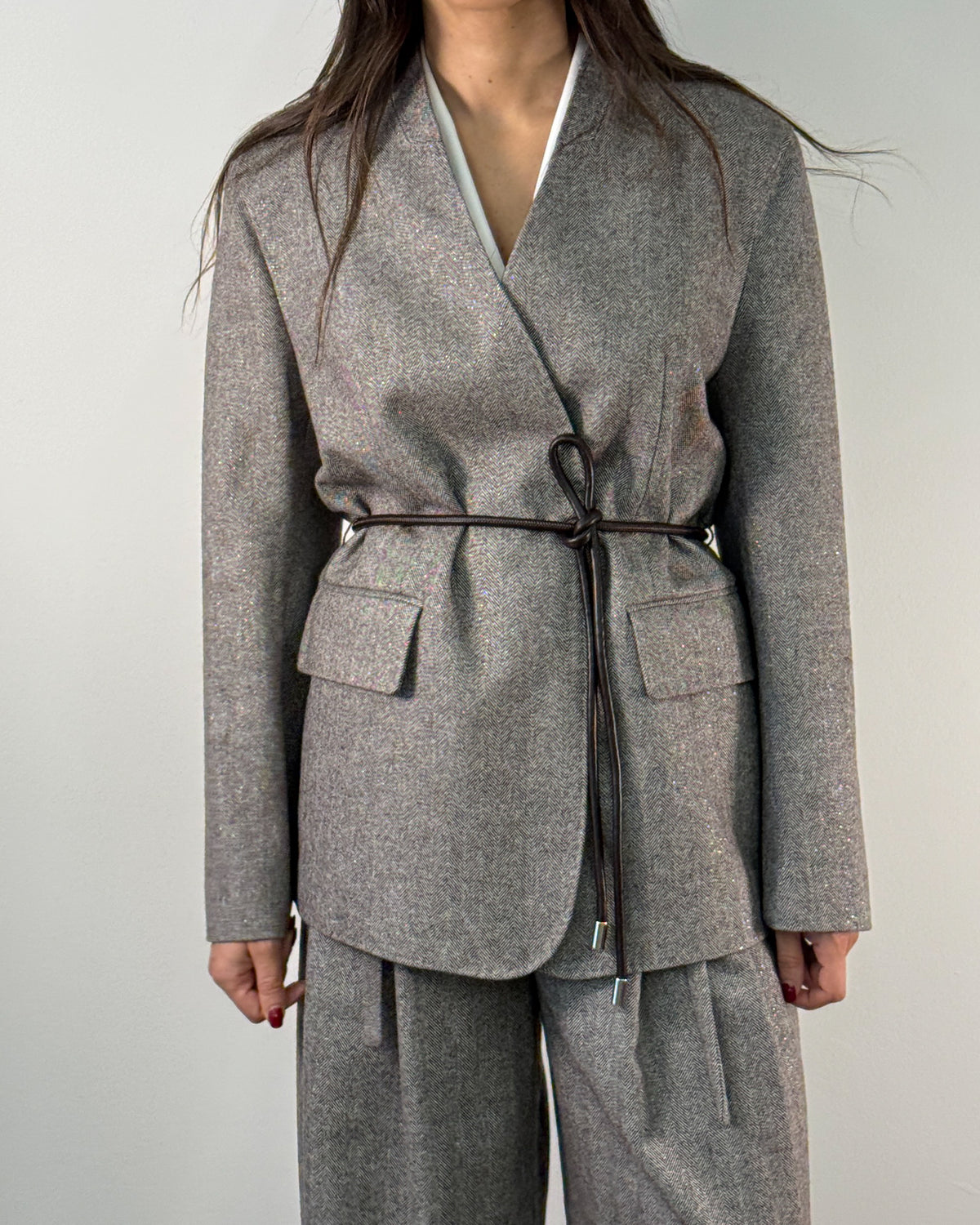 Giacca in tessuto resca di lana Senza Collo con Cintura - Marrone Dark Earth