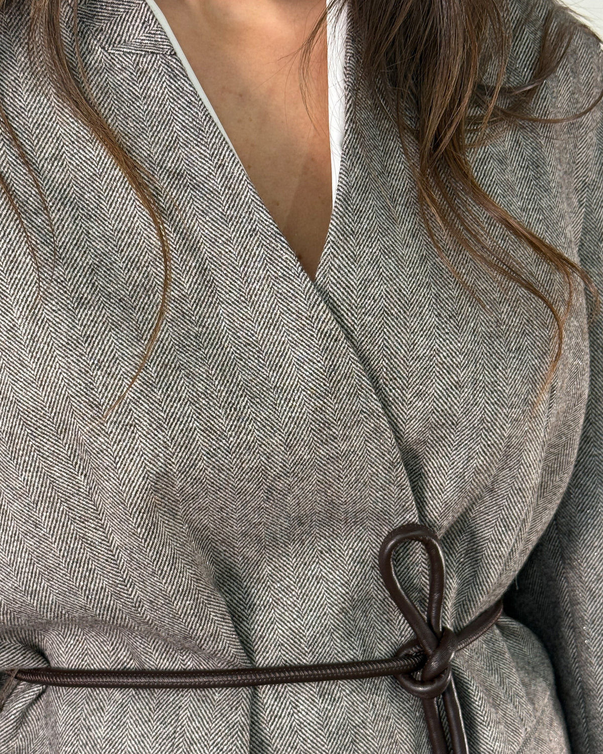 Giacca in tessuto resca di lana Senza Collo con Cintura - Marrone Dark Earth