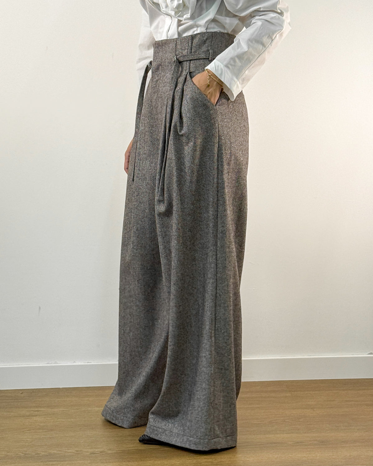 Pantalone Wide Leg in tessuto resca di Lana con Pinces - Marrone Dark Earth