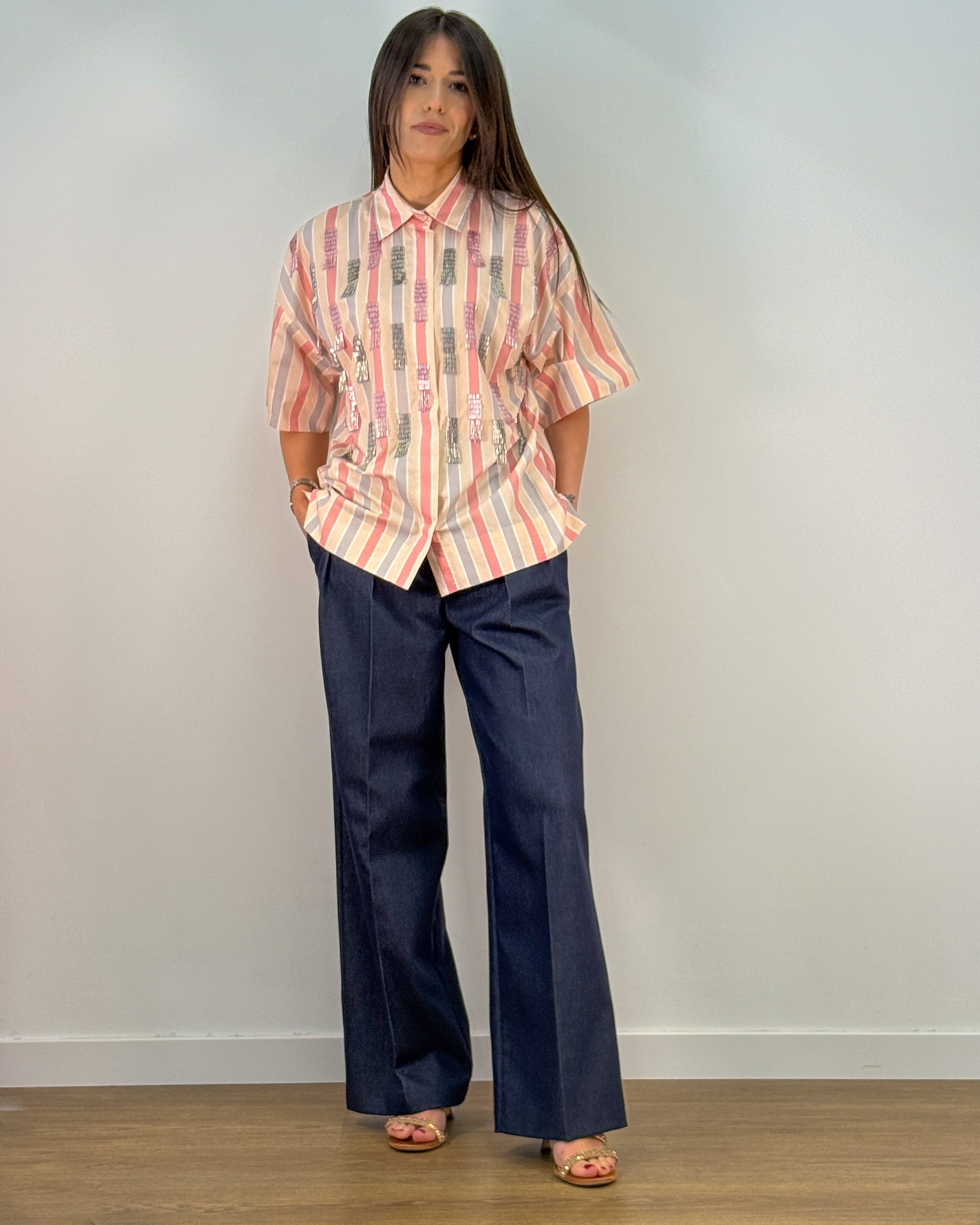 Pantalone Wide Leg in Denim con Pince - Blu Navy