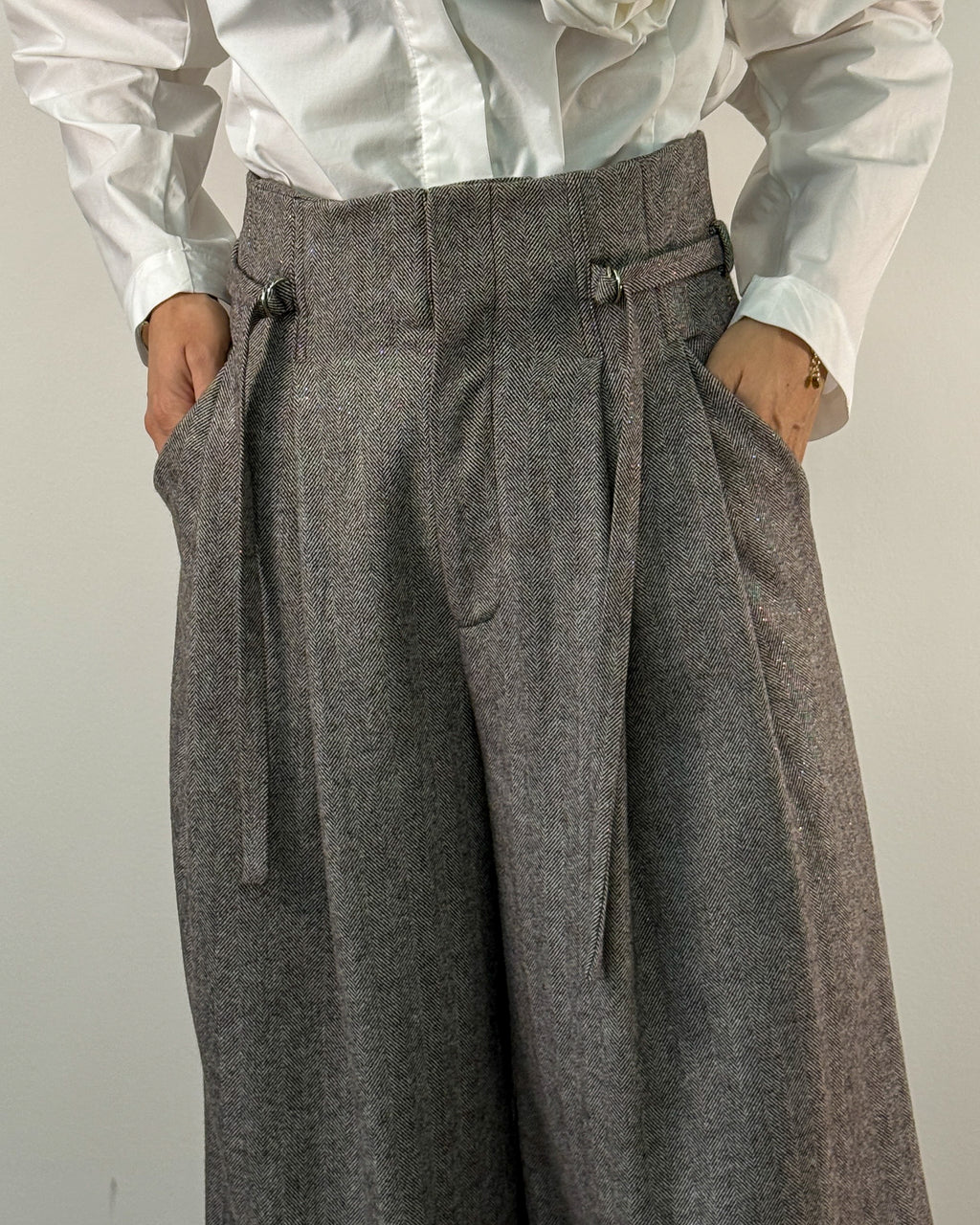 Pantalone Wide Leg in tessuto resca di Lana con Pinces - Marrone Dark Earth