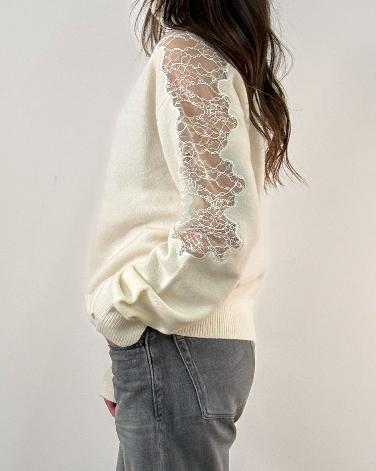 Dolcevita in Pura Lana con Inserti in Pizzo - Bianco Panna