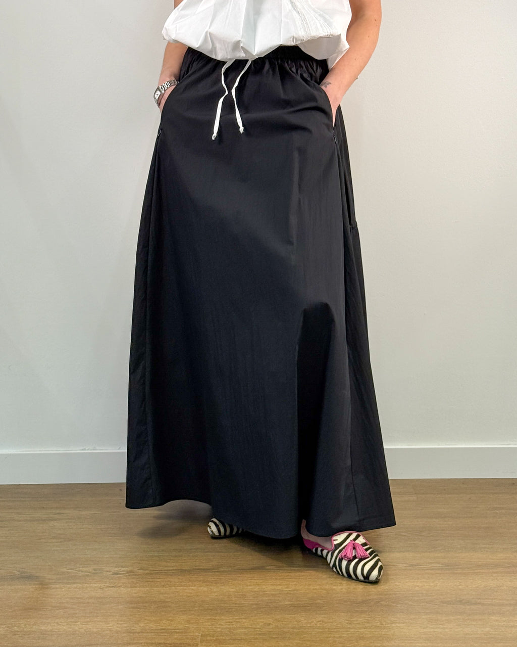 Gonna Lunga con Elastico in Vita e Coulisse - Nero | ISABELLE BLANCHE PARIS