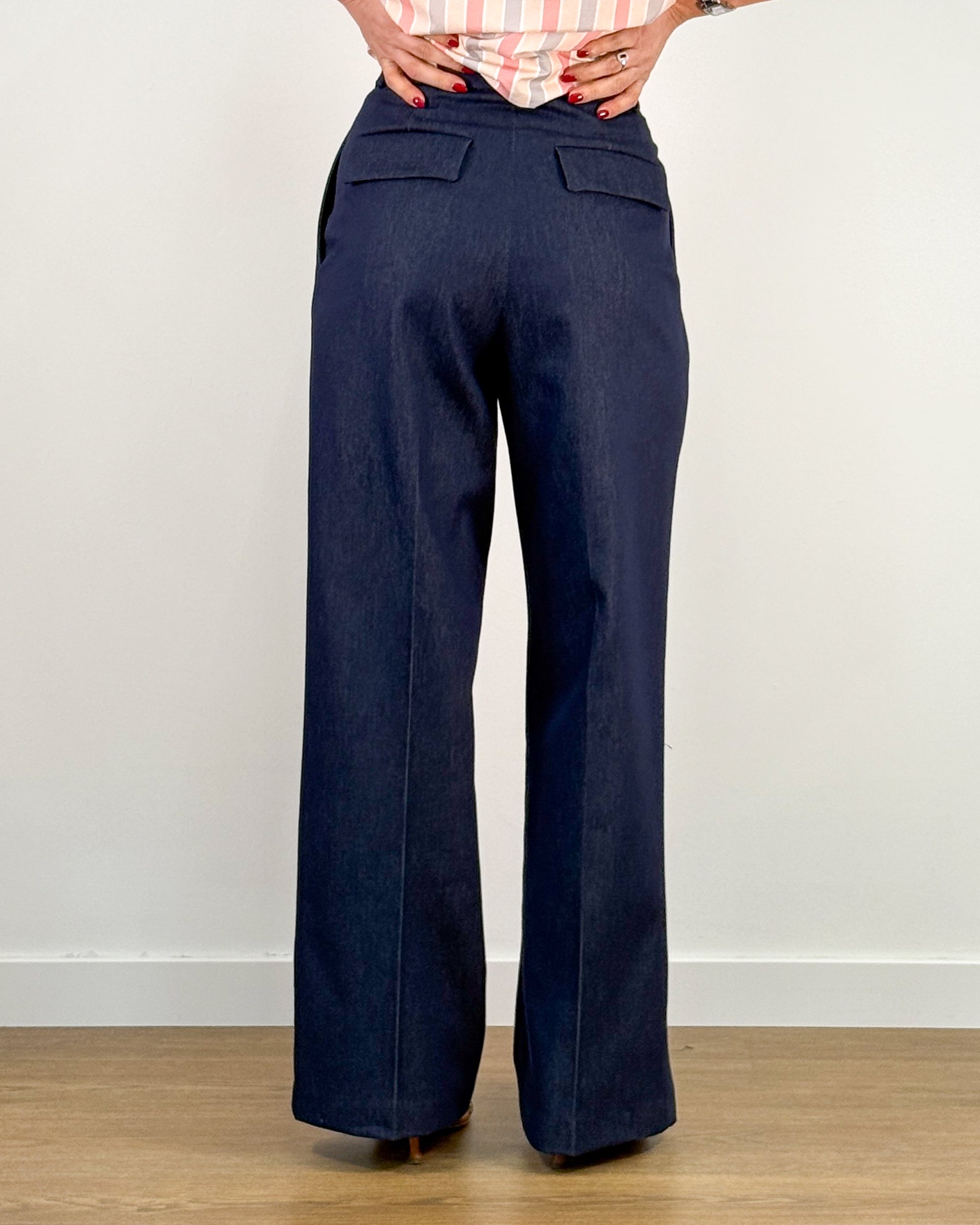 Pantalone Wide Leg in Denim con Pince - Blu Navy