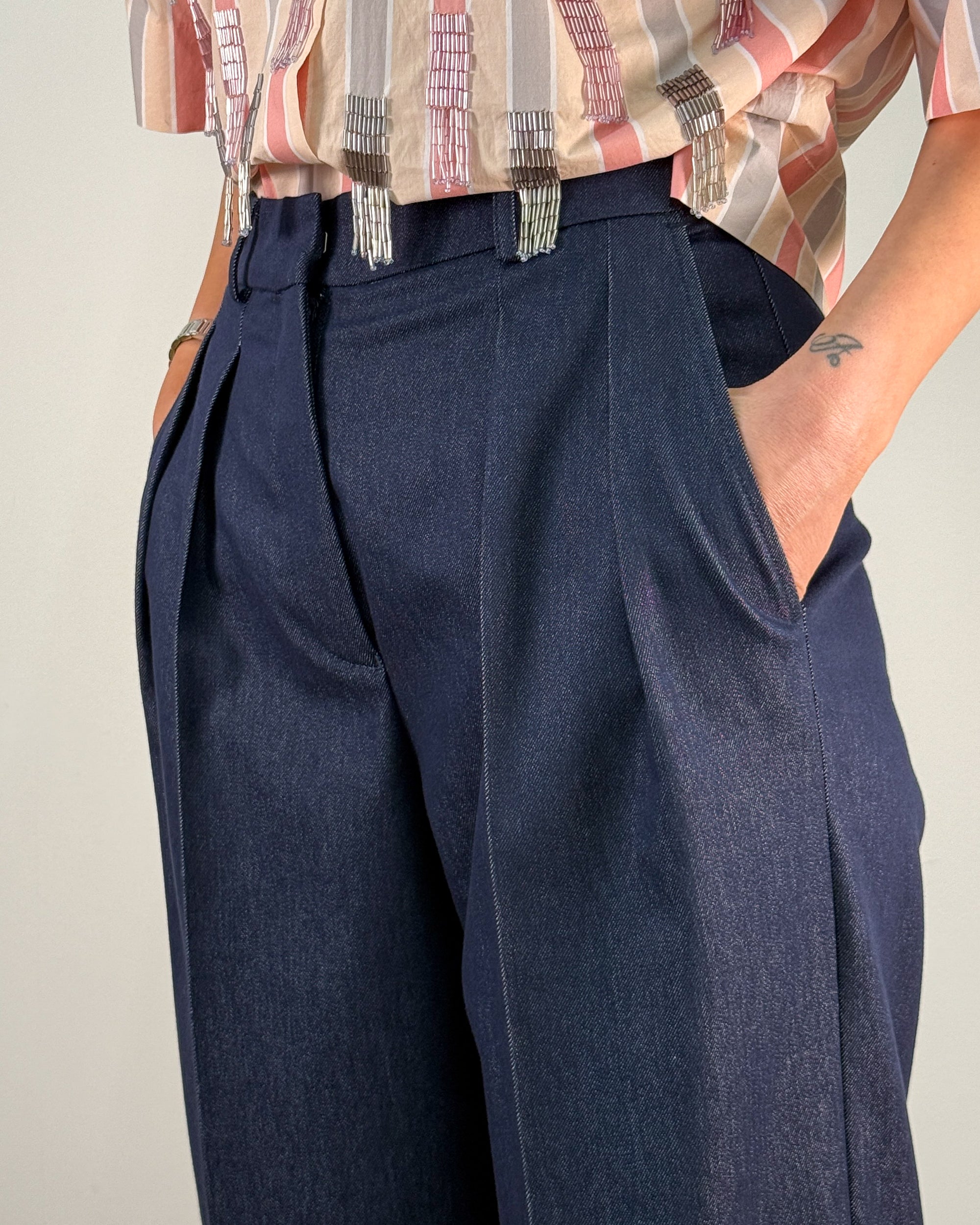 Pantalone Wide Leg in Denim con Pince - Blu Navy
