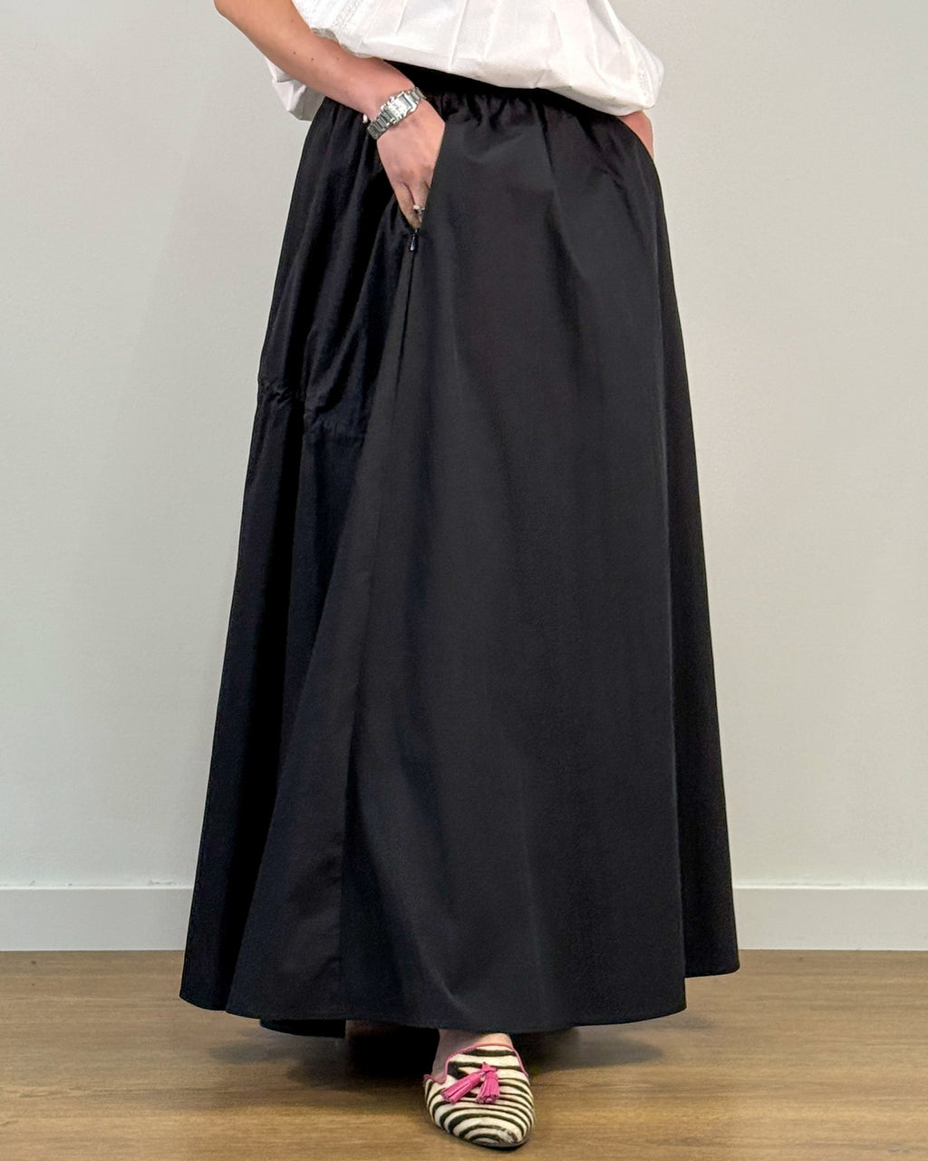 Gonna Lunga con Elastico in Vita e Coulisse - Nero | ISABELLE BLANCHE PARIS