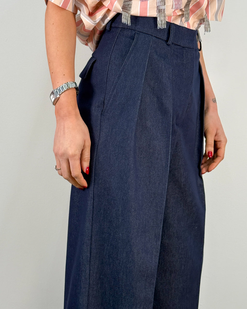 Pantalone Wide Leg in Denim con Pince - Blu Navy