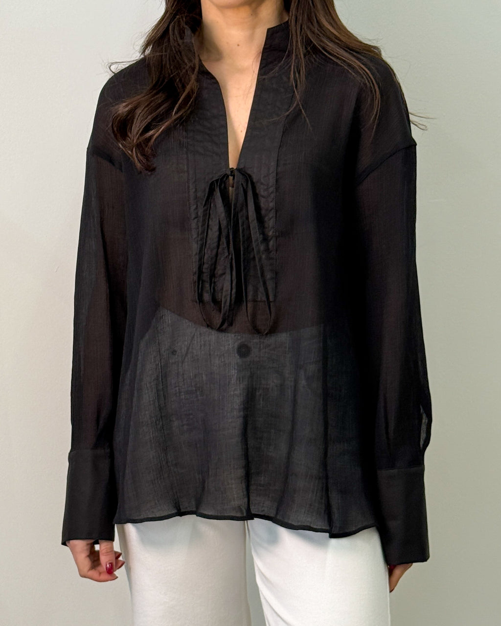 Camicia in Lyocell Semi-Trasparente con Laccetto - Nero | RAME