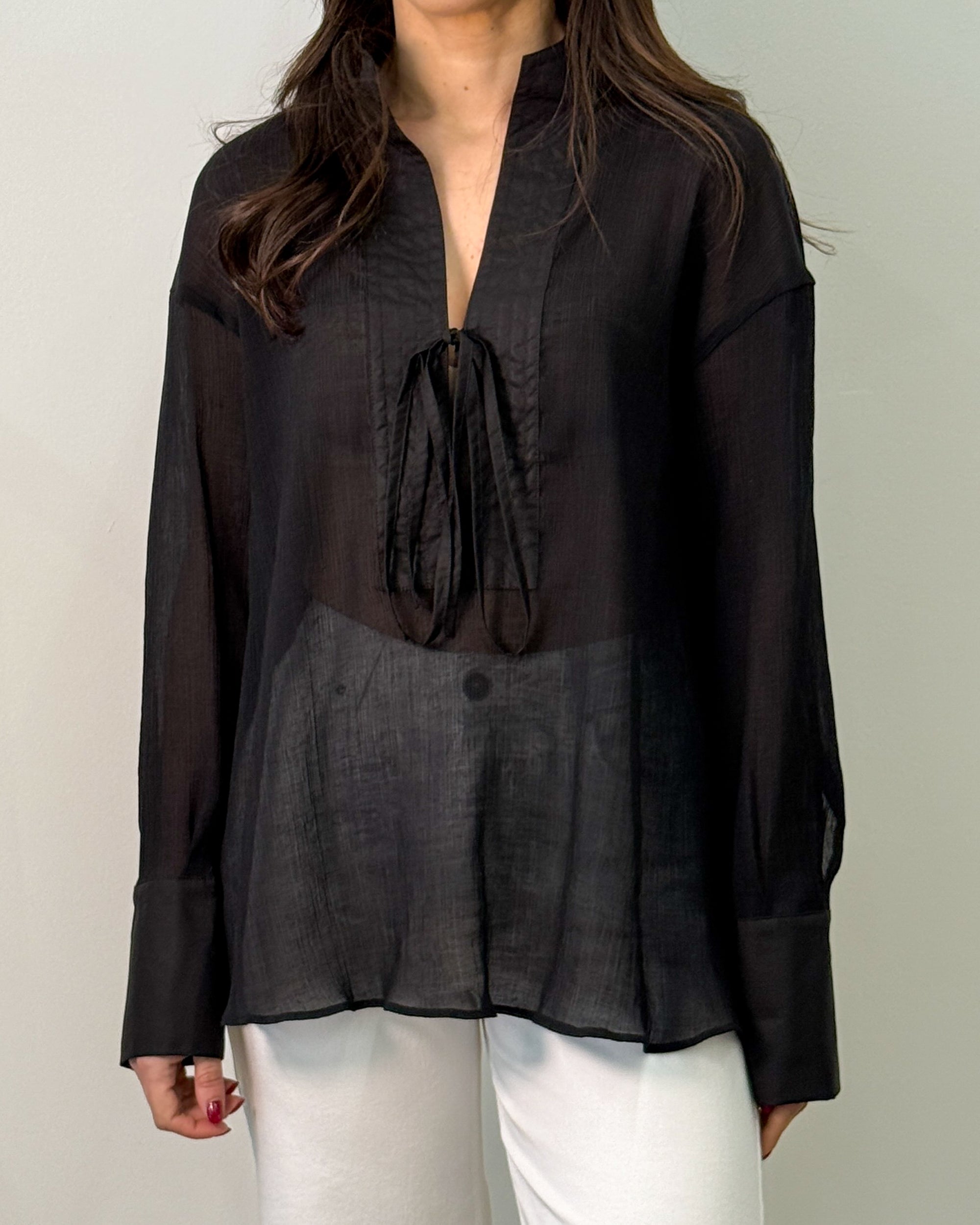 Camicia in Lyocell Semi-Trasparente con Laccetto - Nero | RAME