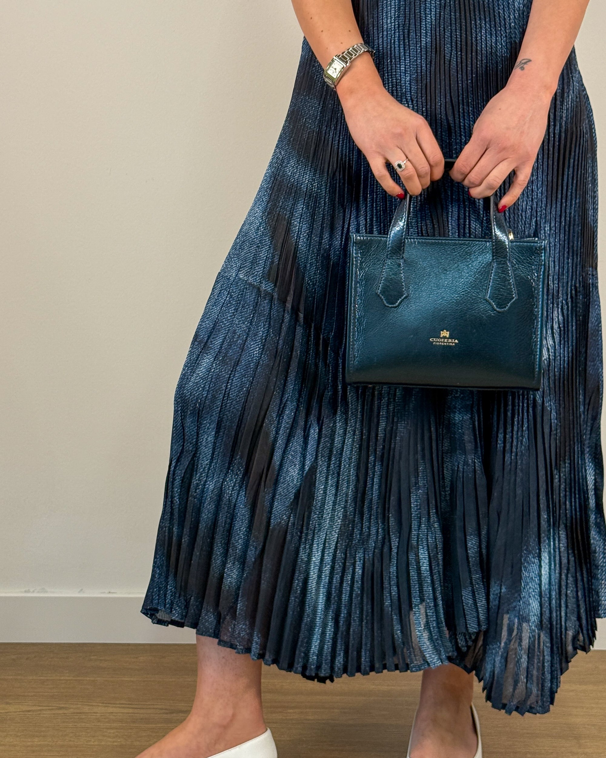 Gonna Midi Plissettata con Stampa Blu Navy | MEIMEIJ