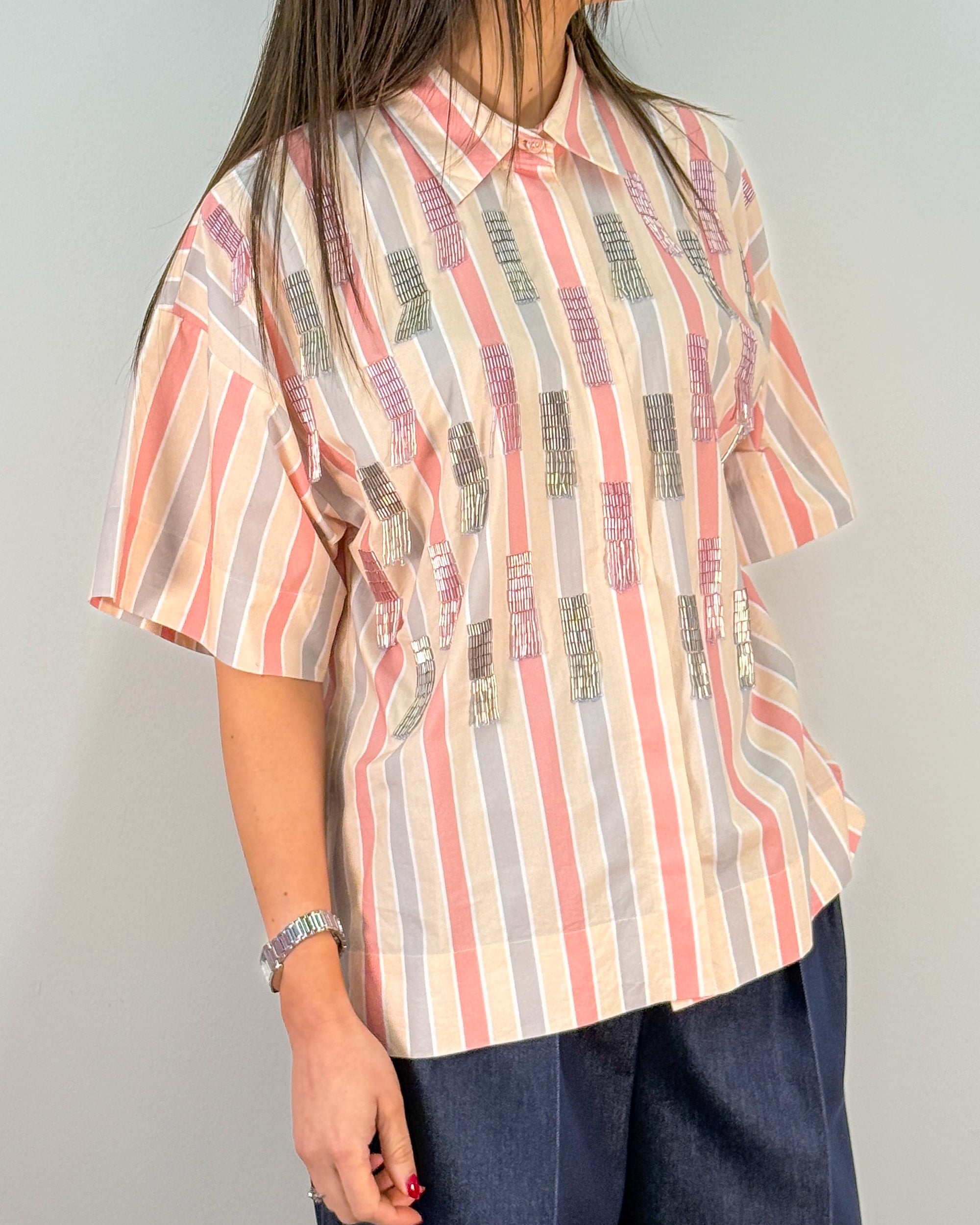 Camicia a Righe con Perline Tubetto e Manica a Kimono - Rosa Pesca | MEIMEIJ