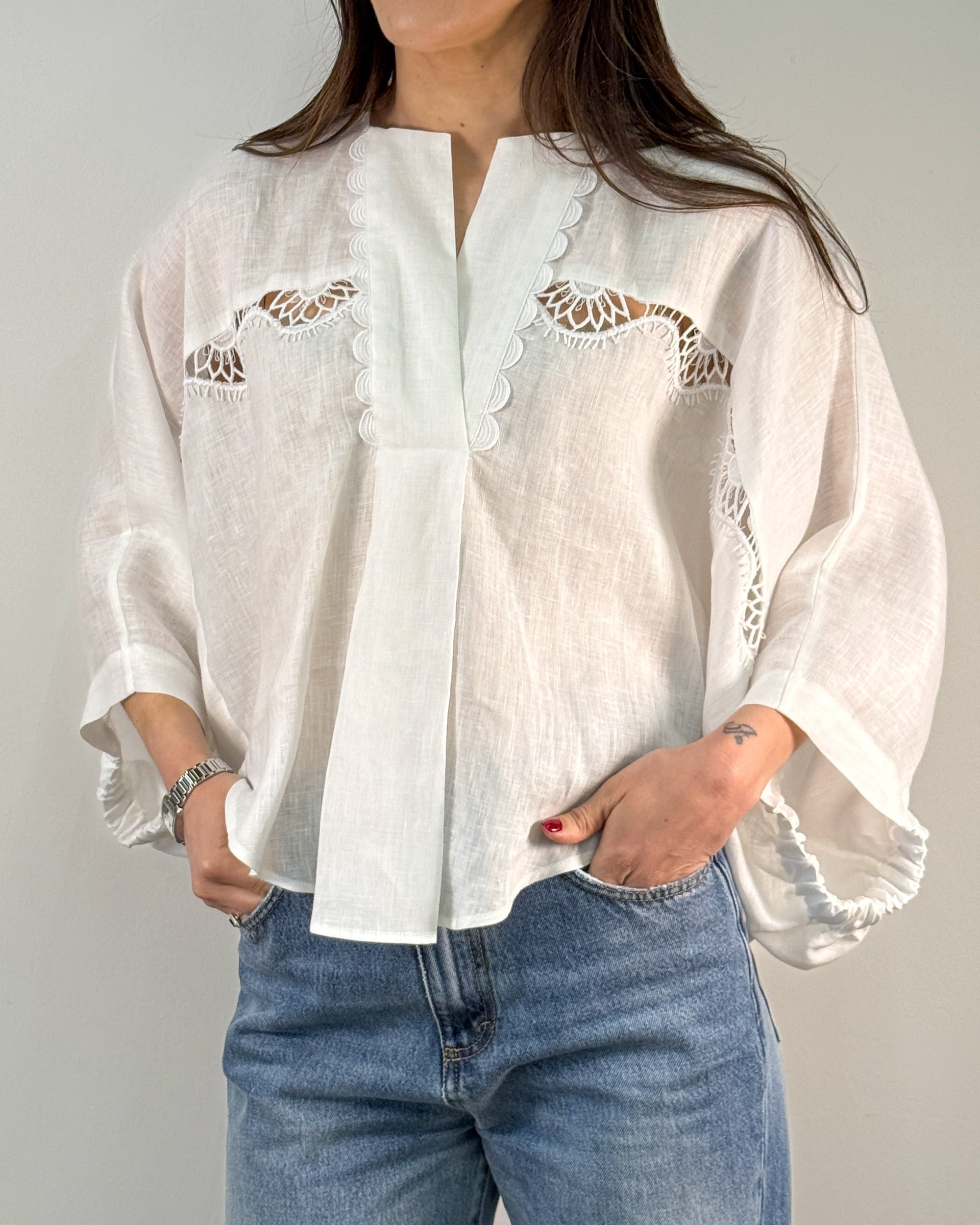Camicia in Lino con Inserti in Pizzo e Manica a Palloncino - Bianco | BEATRICE B