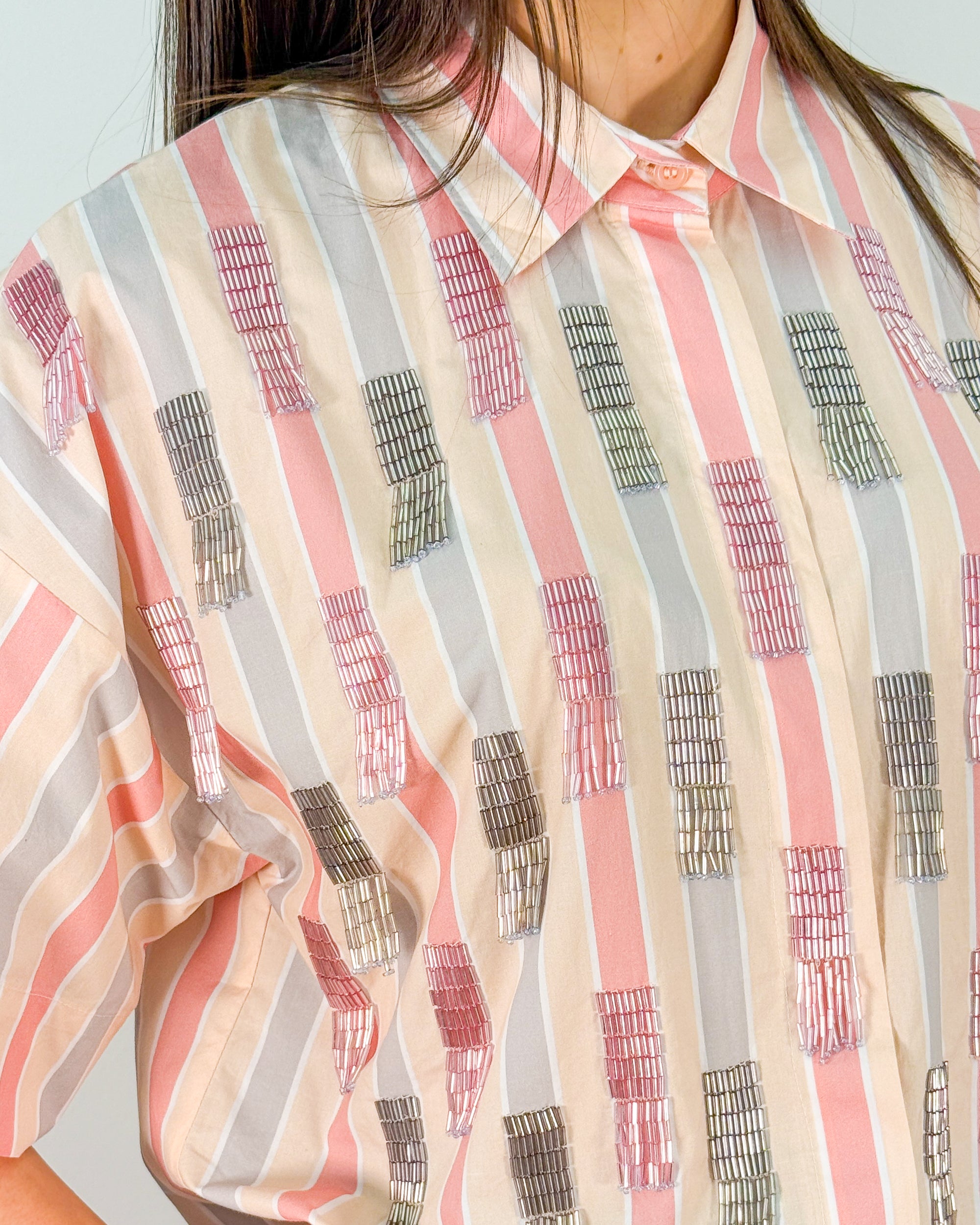 Camicia a Righe con Perline Tubetto e Manica a Kimono - Rosa Pesca | MEIMEIJ