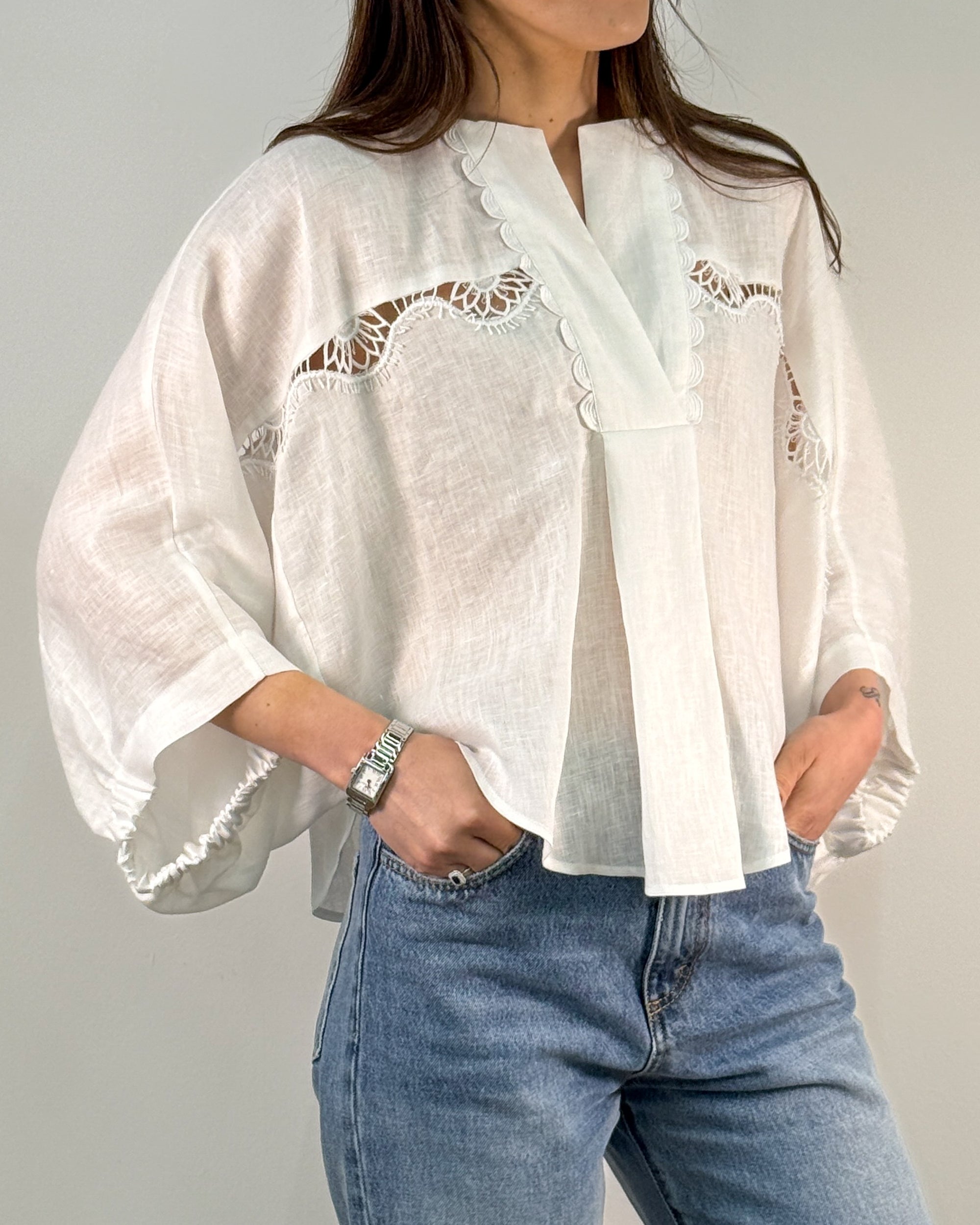 Camicia in Lino con Inserti in Pizzo e Manica a Palloncino - Bianco | BEATRICE B