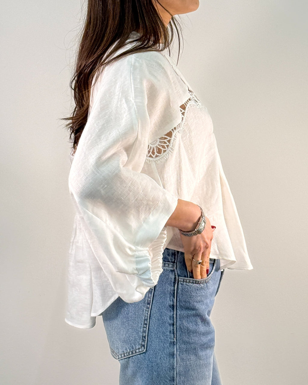 Camicia in Lino con Inserti in Pizzo e Manica a Palloncino - Bianco | BEATRICE B