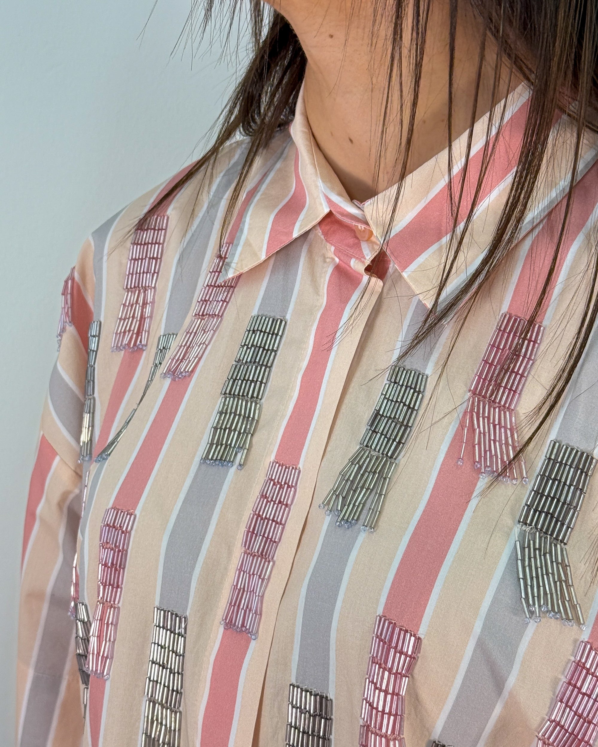Camicia a Righe con Perline Tubetto e Manica a Kimono - Rosa Pesca | MEIMEIJ