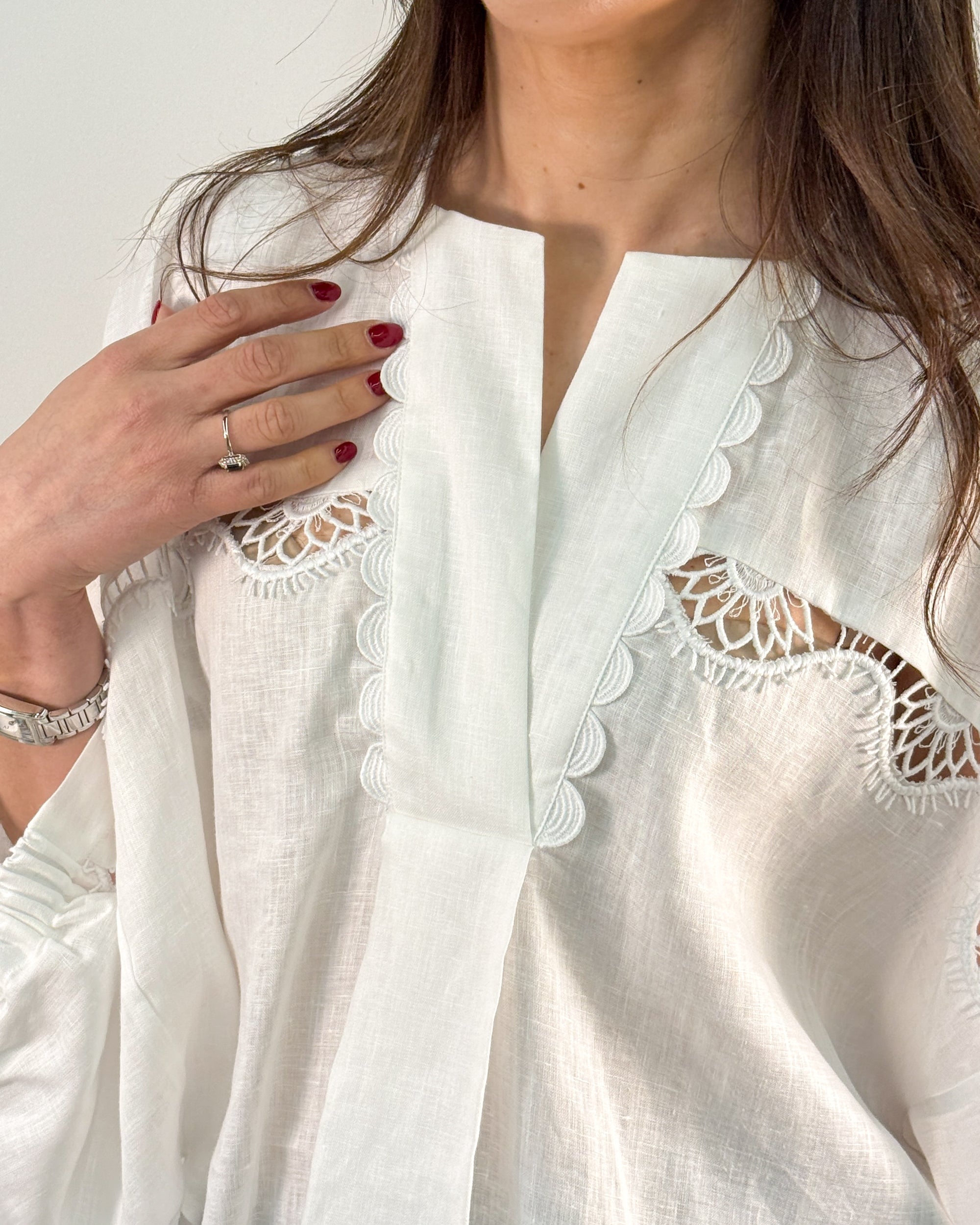 Camicia in Lino con Inserti in Pizzo e Manica a Palloncino - Bianco | BEATRICE B
